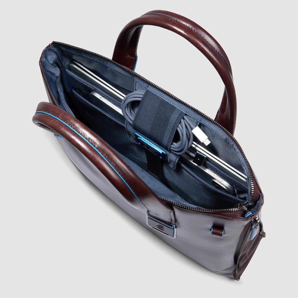 Customizable leather bag for laptop and ipad® with shockproof and rfid protection PIQUADRO Brown