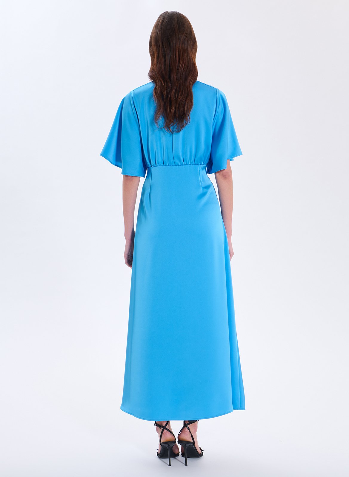 Robe longue col V satinée ZAPA Bleu