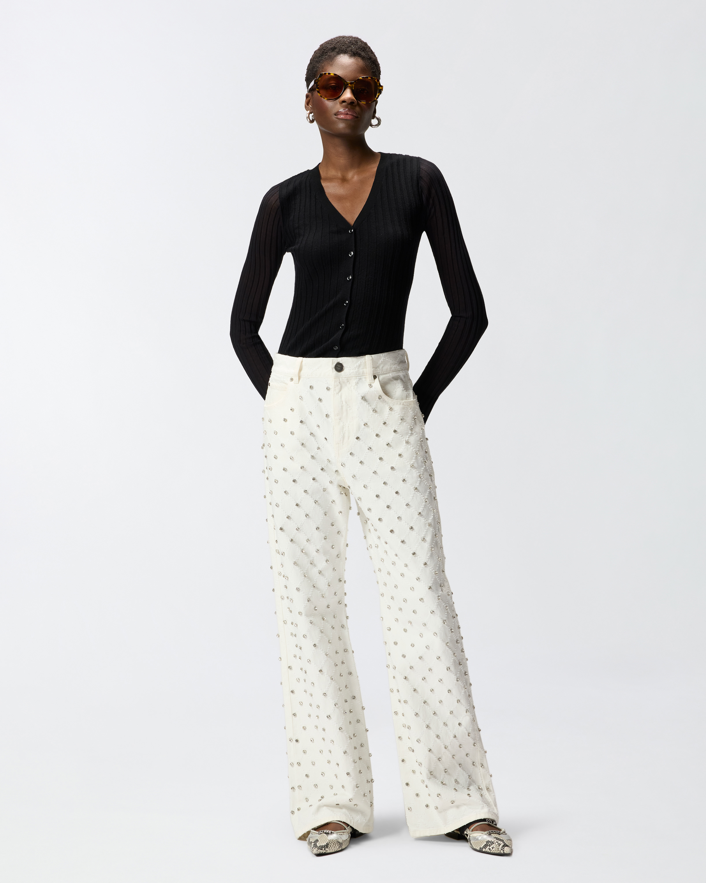 Jean wide leg à motif losanges et strass PINKO Blanc