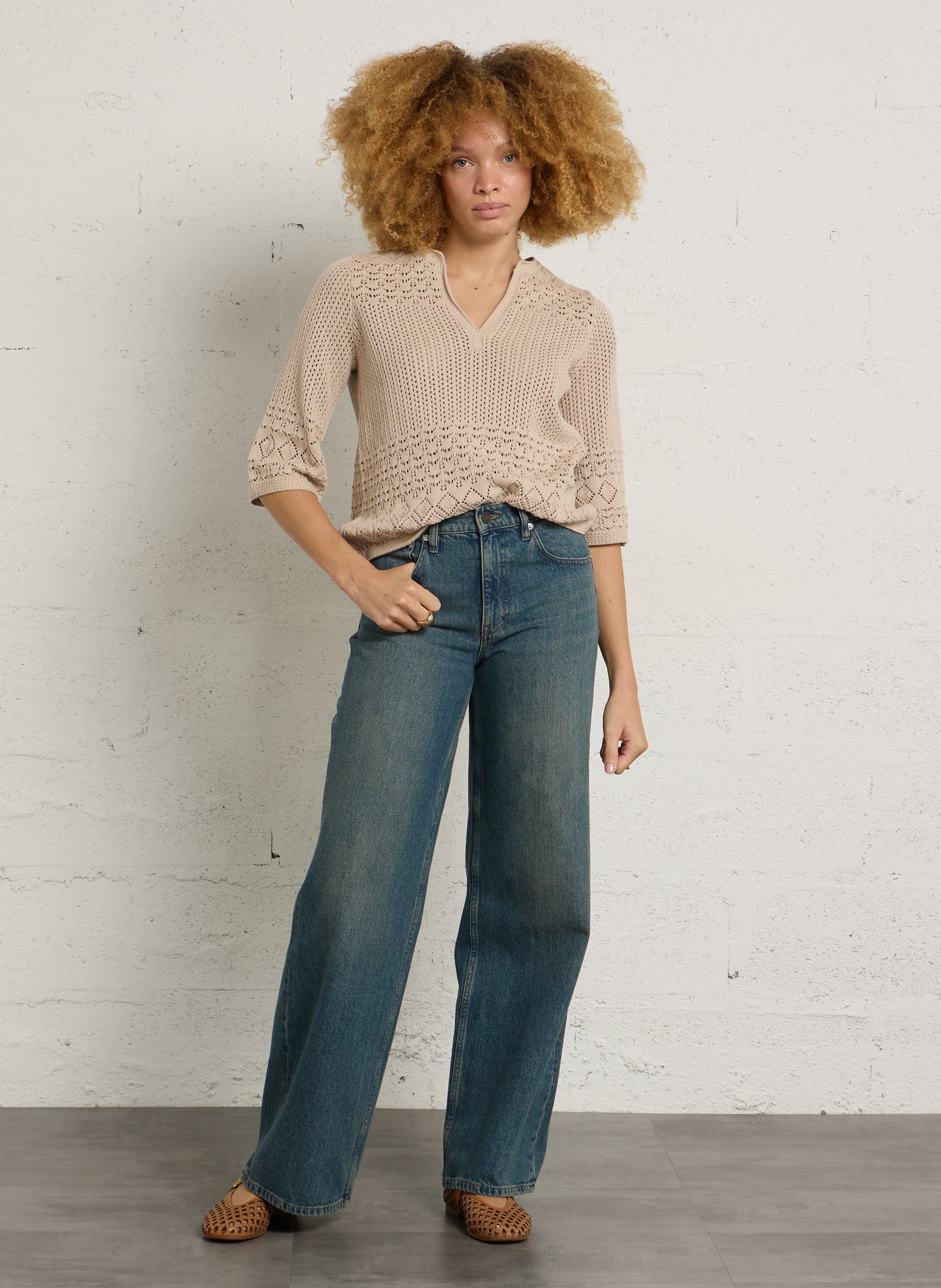 Cotton Grandad-collar sweater SUD EXPRESS Beige