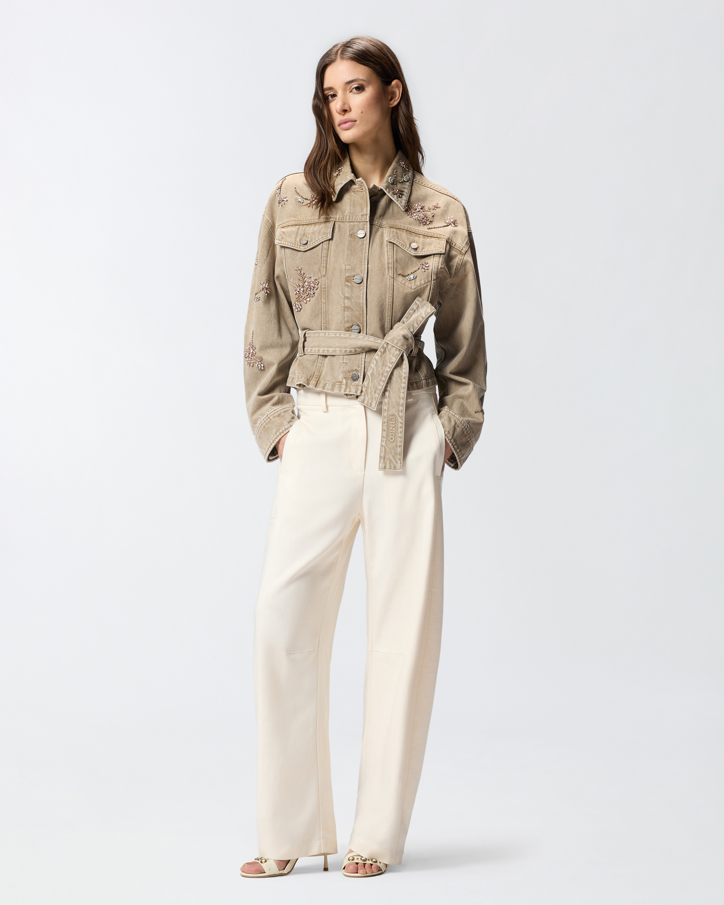 Brown denim jacket with jewel embroidery PINKO Beige