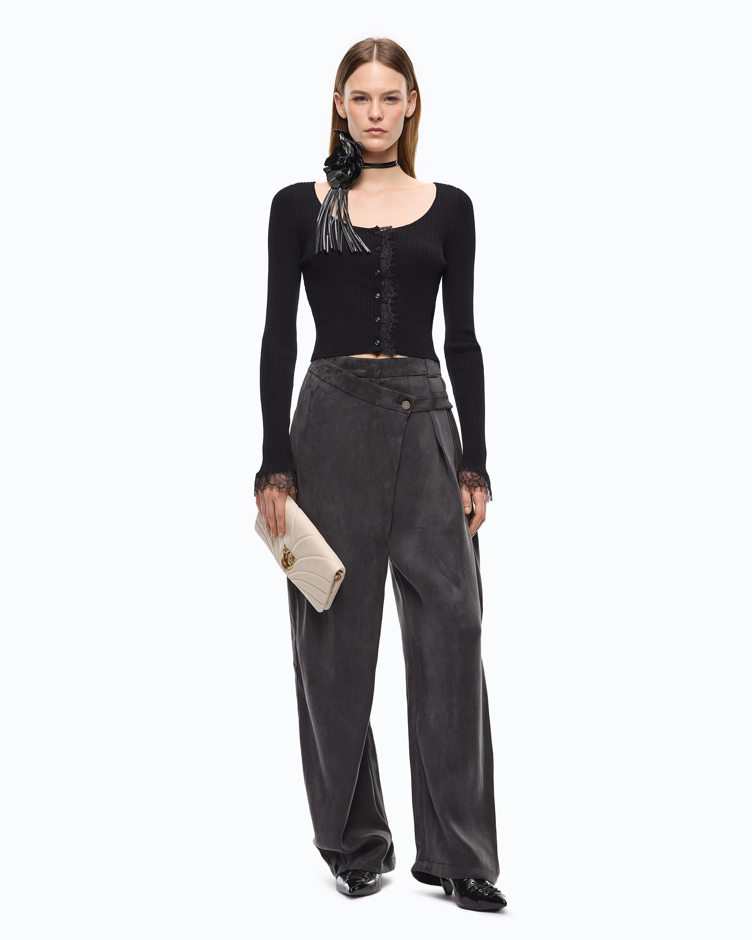 Cropped silk and cashmere cardigan with lace trim PINKO Black