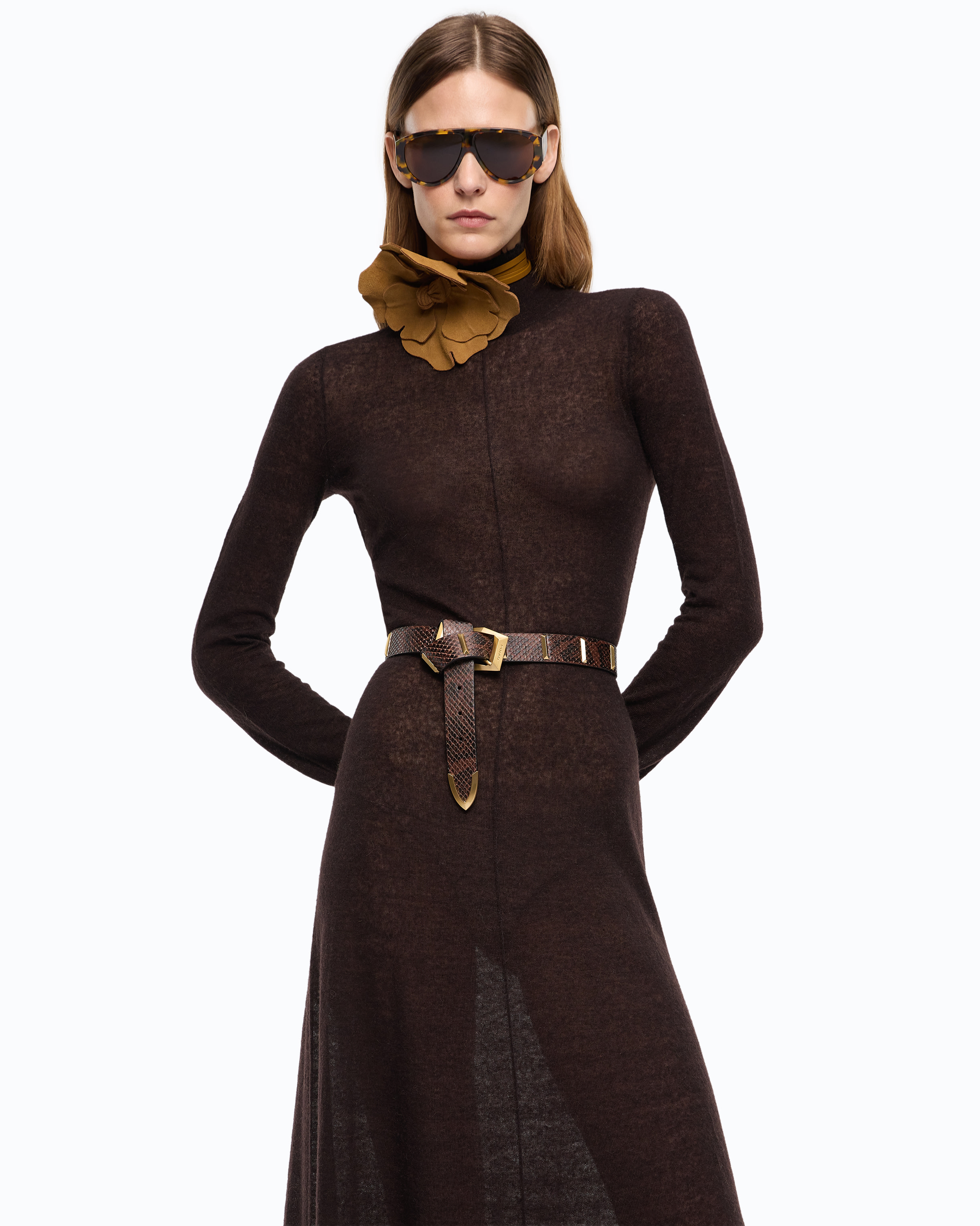 Robe longue à col roulé en laine mérinos et alpaga PINKO Marron