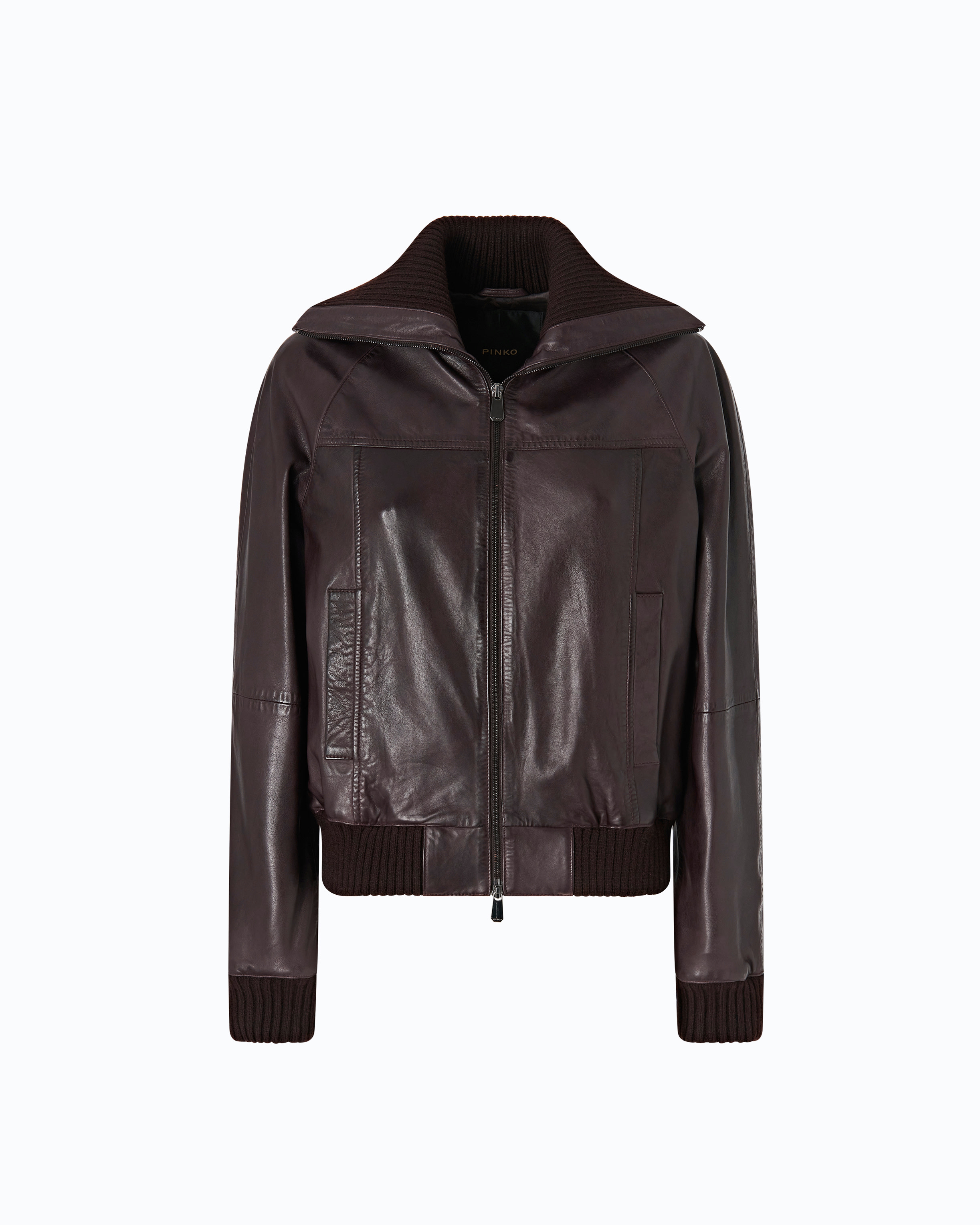 Leather bomber jacket with turn-down collar PINKO Brown