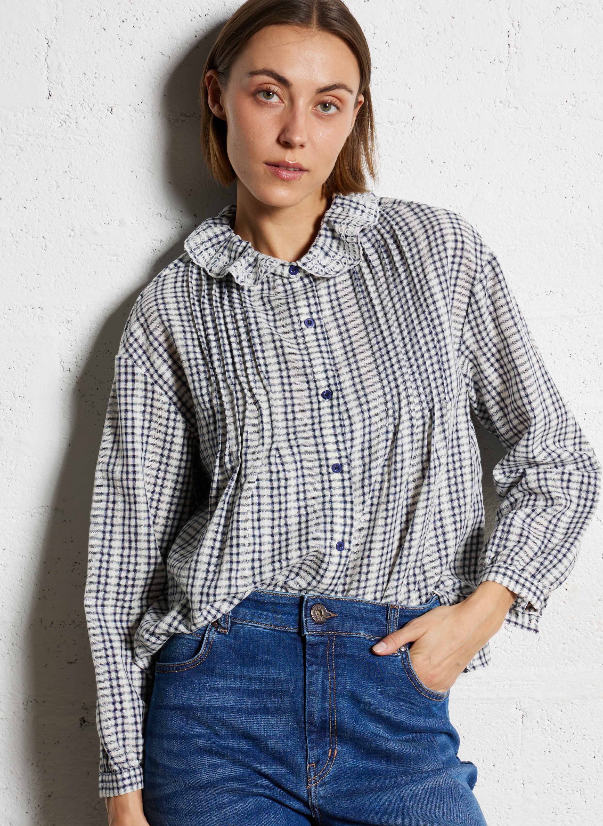 Camisa recta de algodón mezclado estampado Bleu fonce The korner