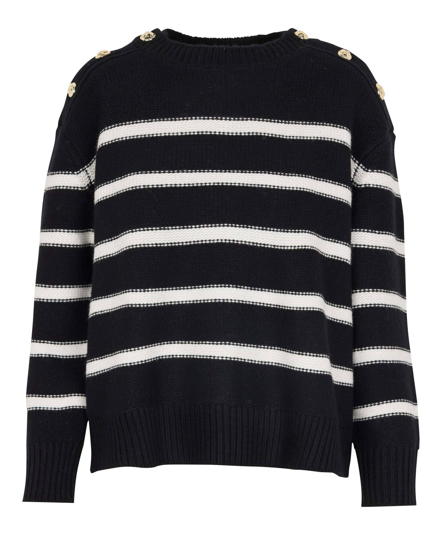 Weiter Rundhalsausschnitt-Pullover mit Streifen aus Merinowolle BERENICE Schwarz