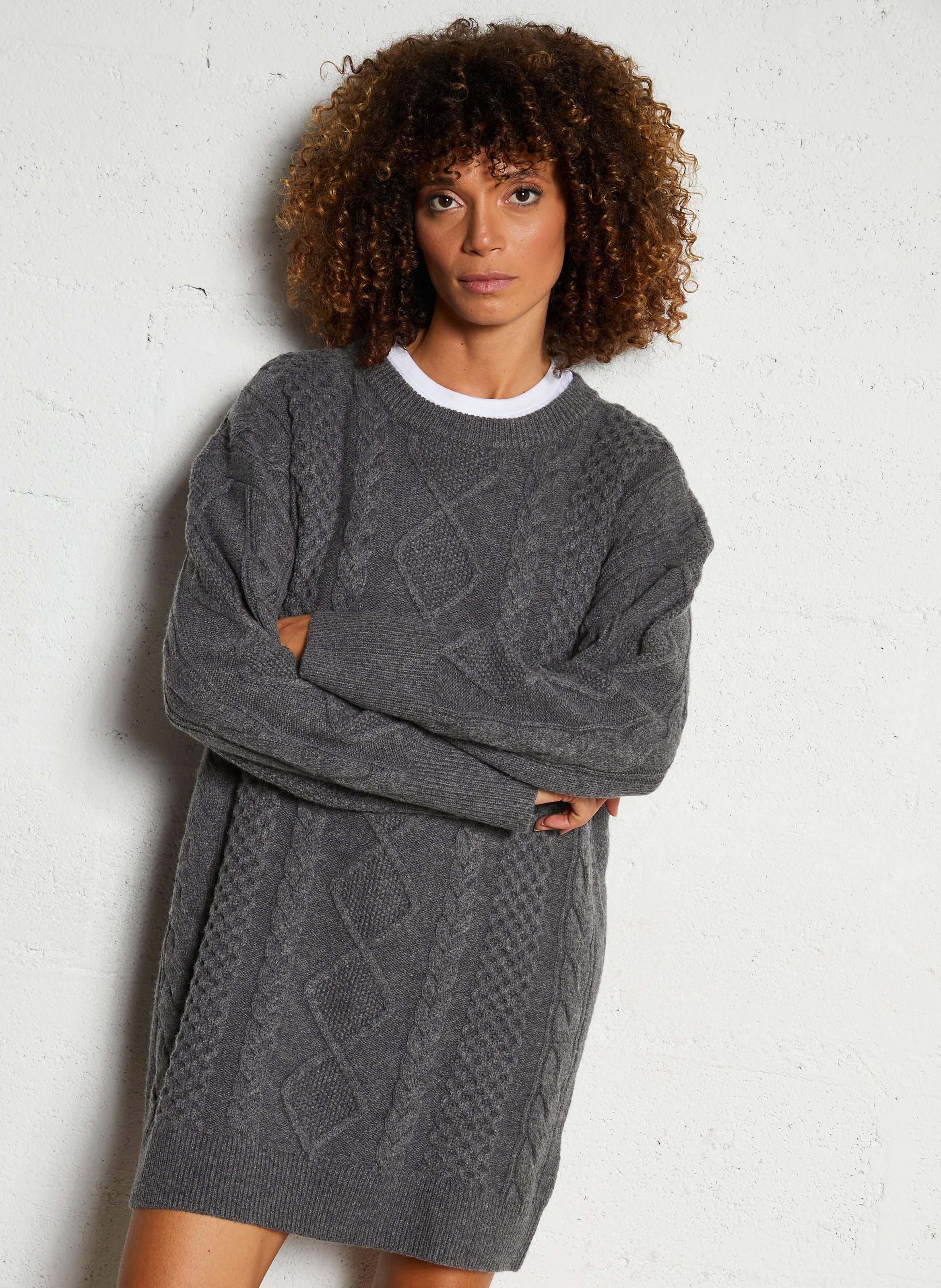 Oversized round neck wool blend sweater dress DES PETITS HAUTS Grey