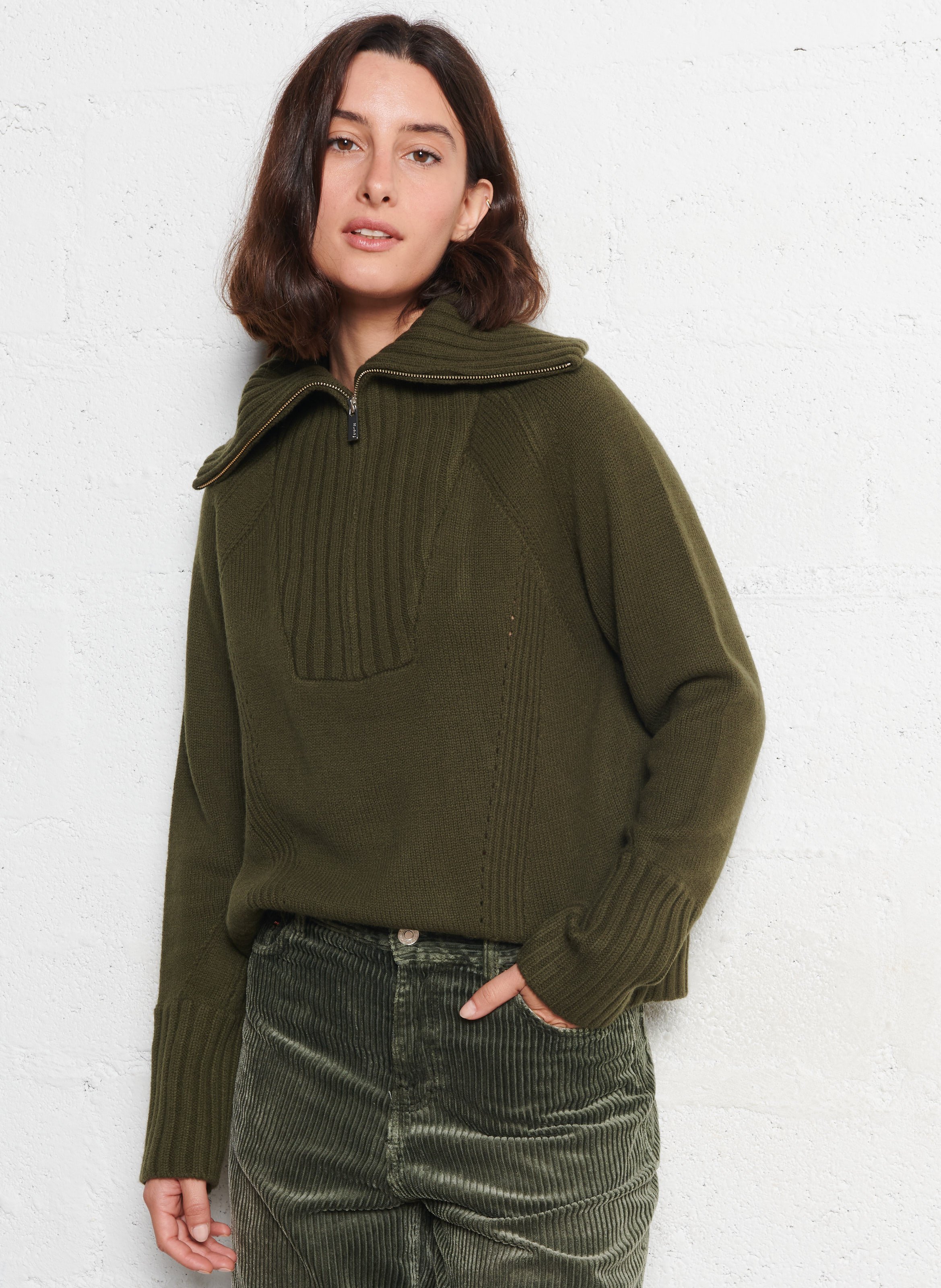 Pull droit col roulé en laine ajourée BERENICE Kaki