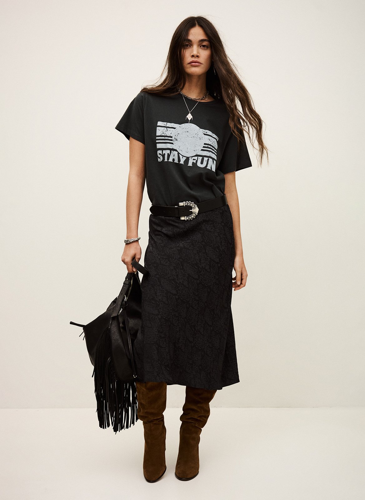 Jupe midi fluide jacquard python BA&SH Noir