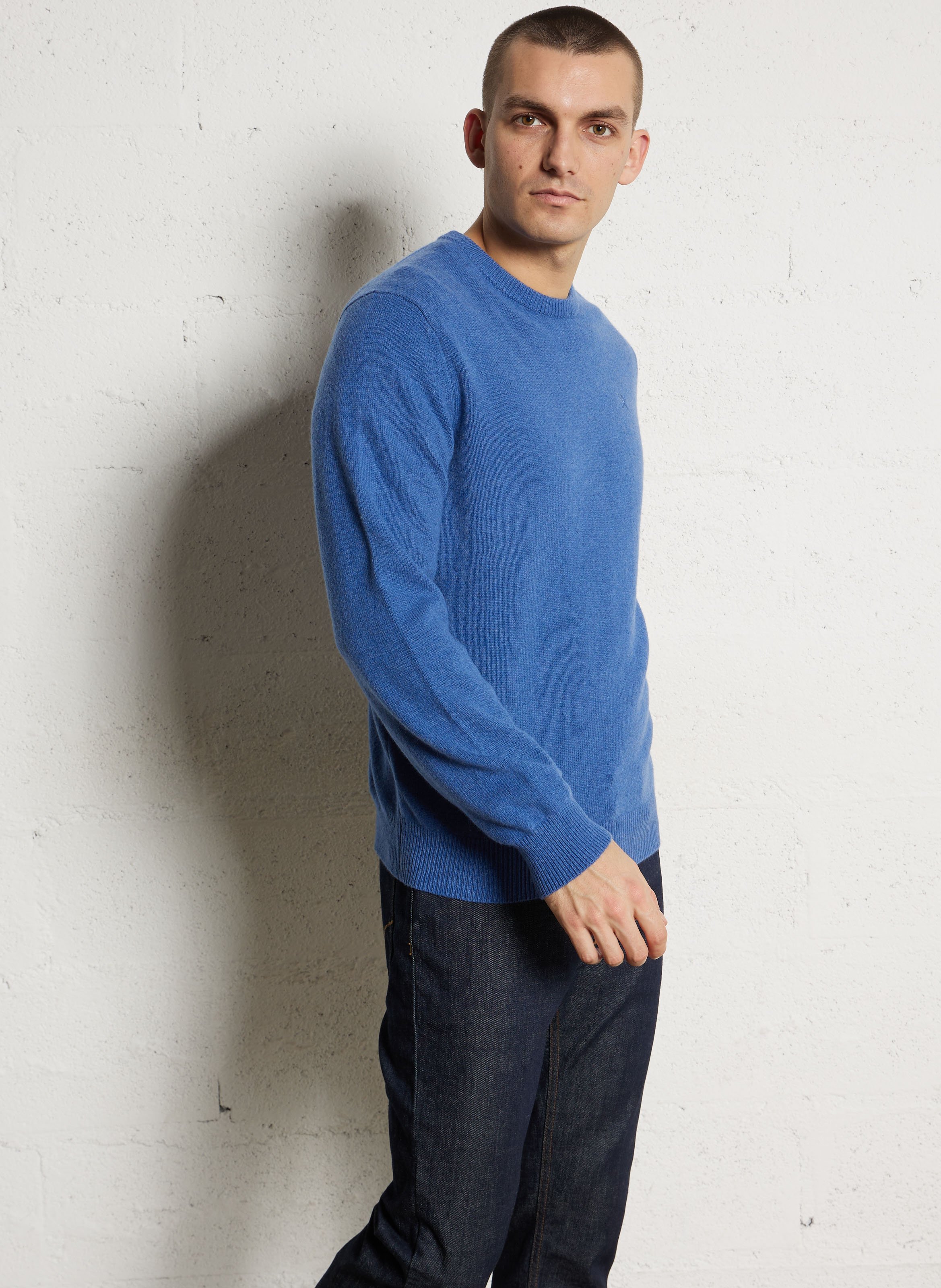 Pull col rond uni en laine HACKETT Bleu