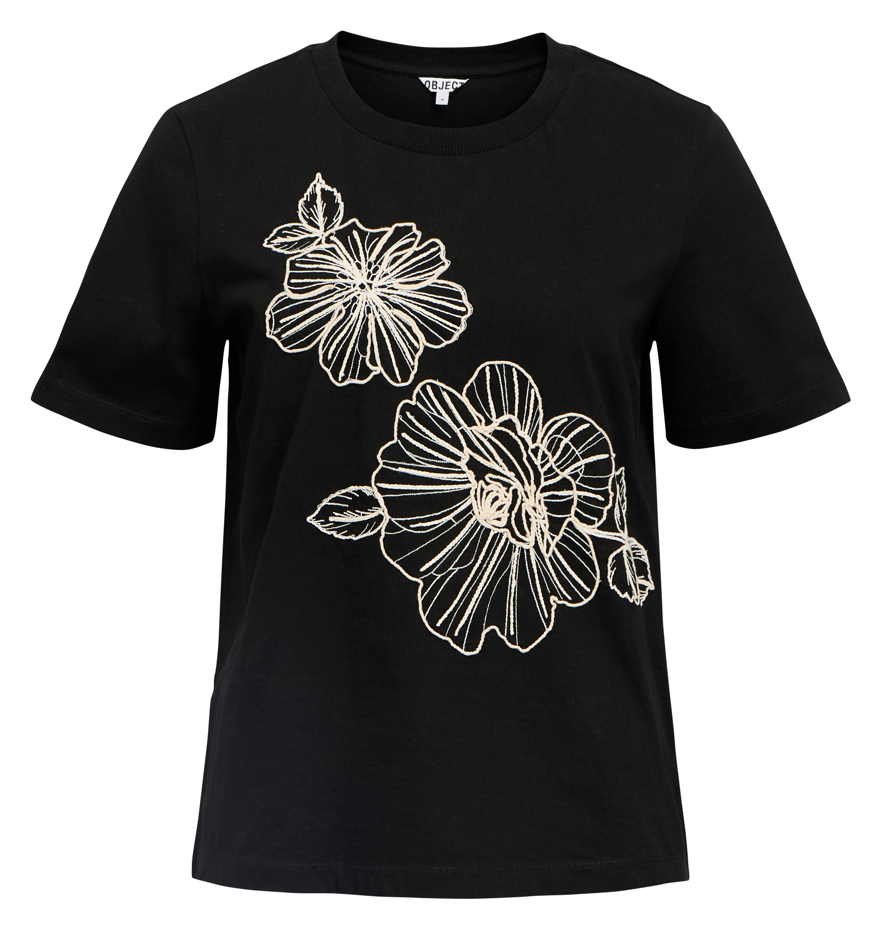 Tee-shirt brodé en coton col rond  OBJECT Noir