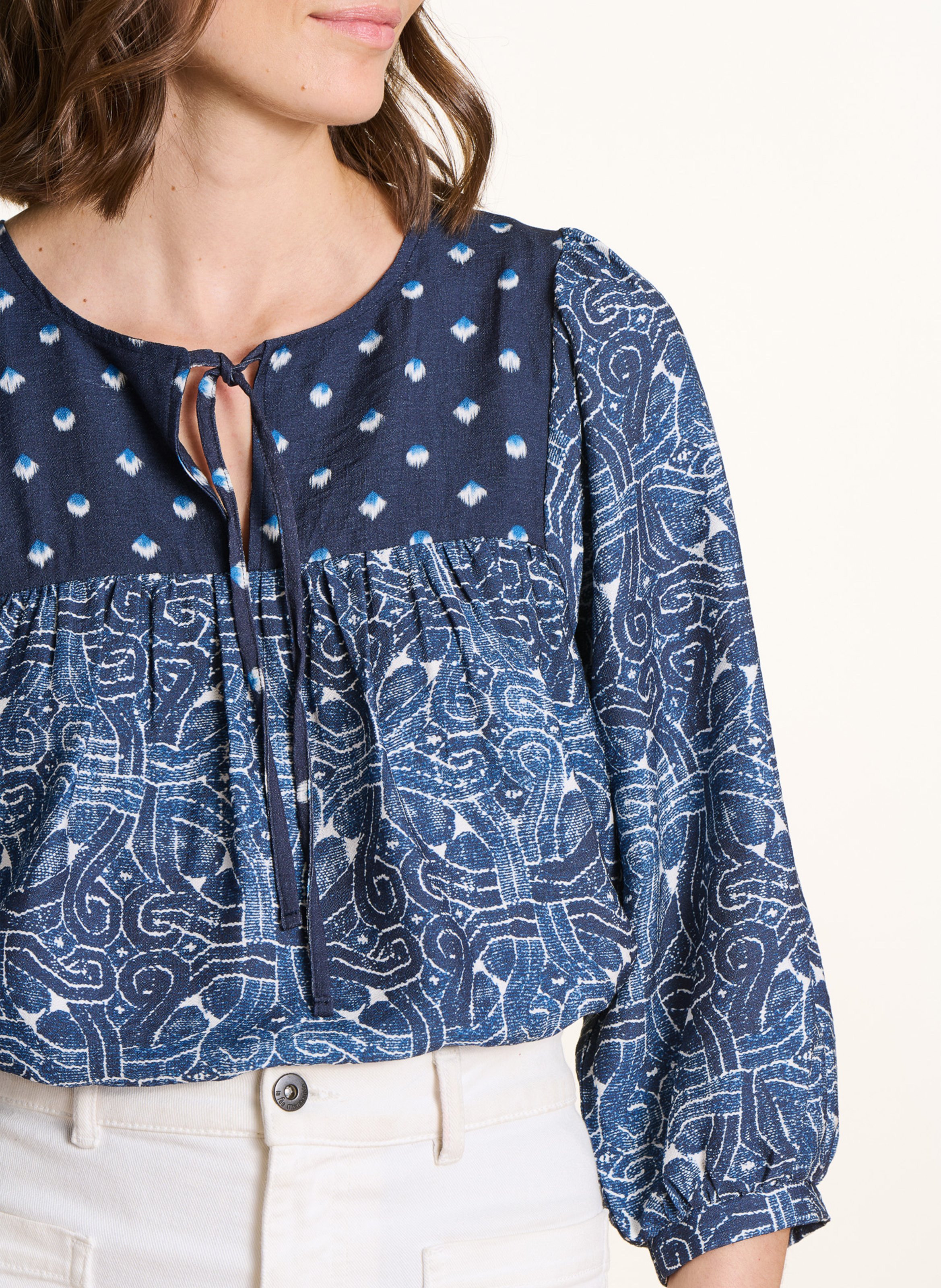 Top col tunisien à imprimé etnique LA FEE MARABOUTEE Bleu