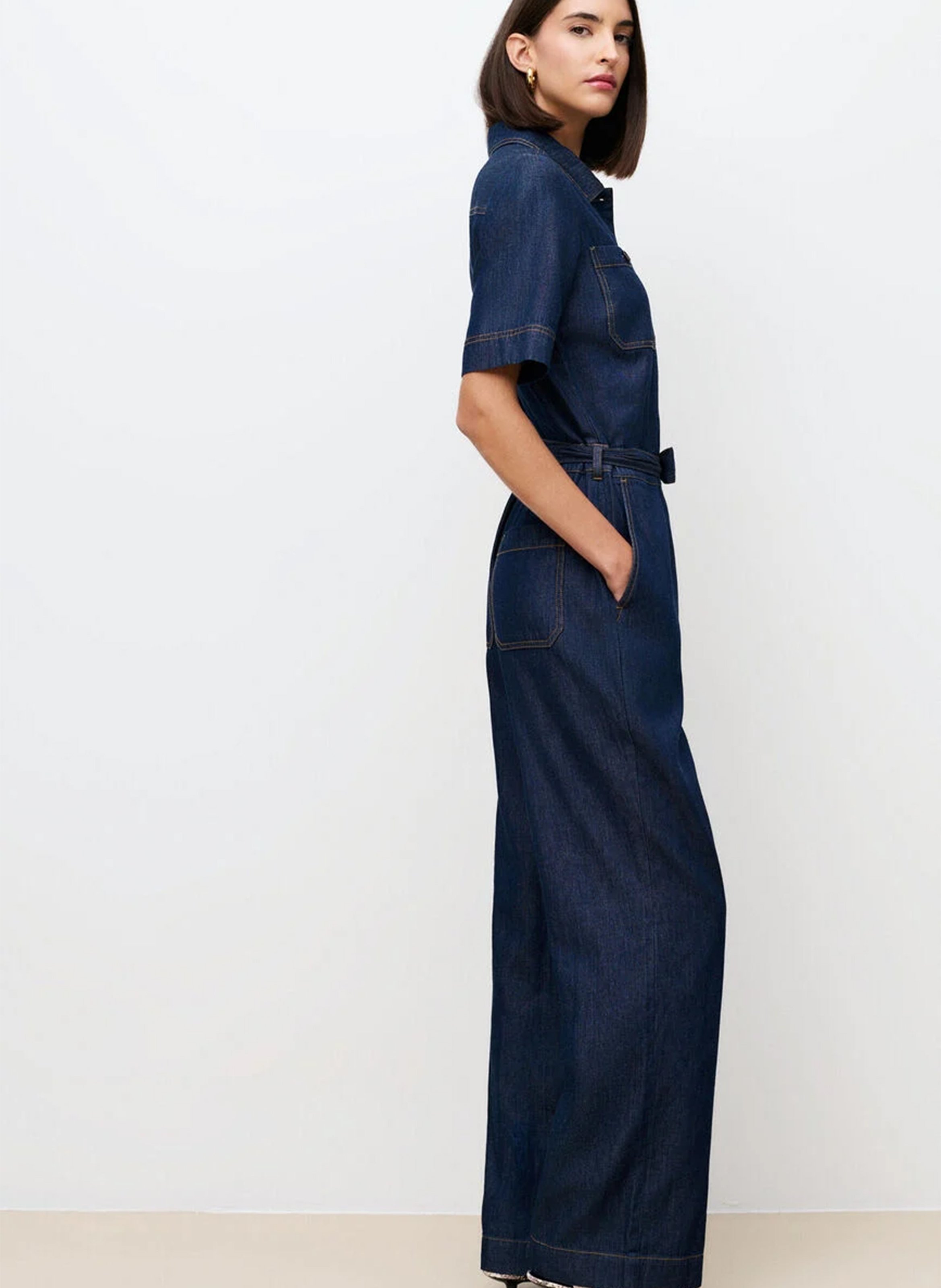 Straight cotton jumpsuit with classic collar CAROLL Blue