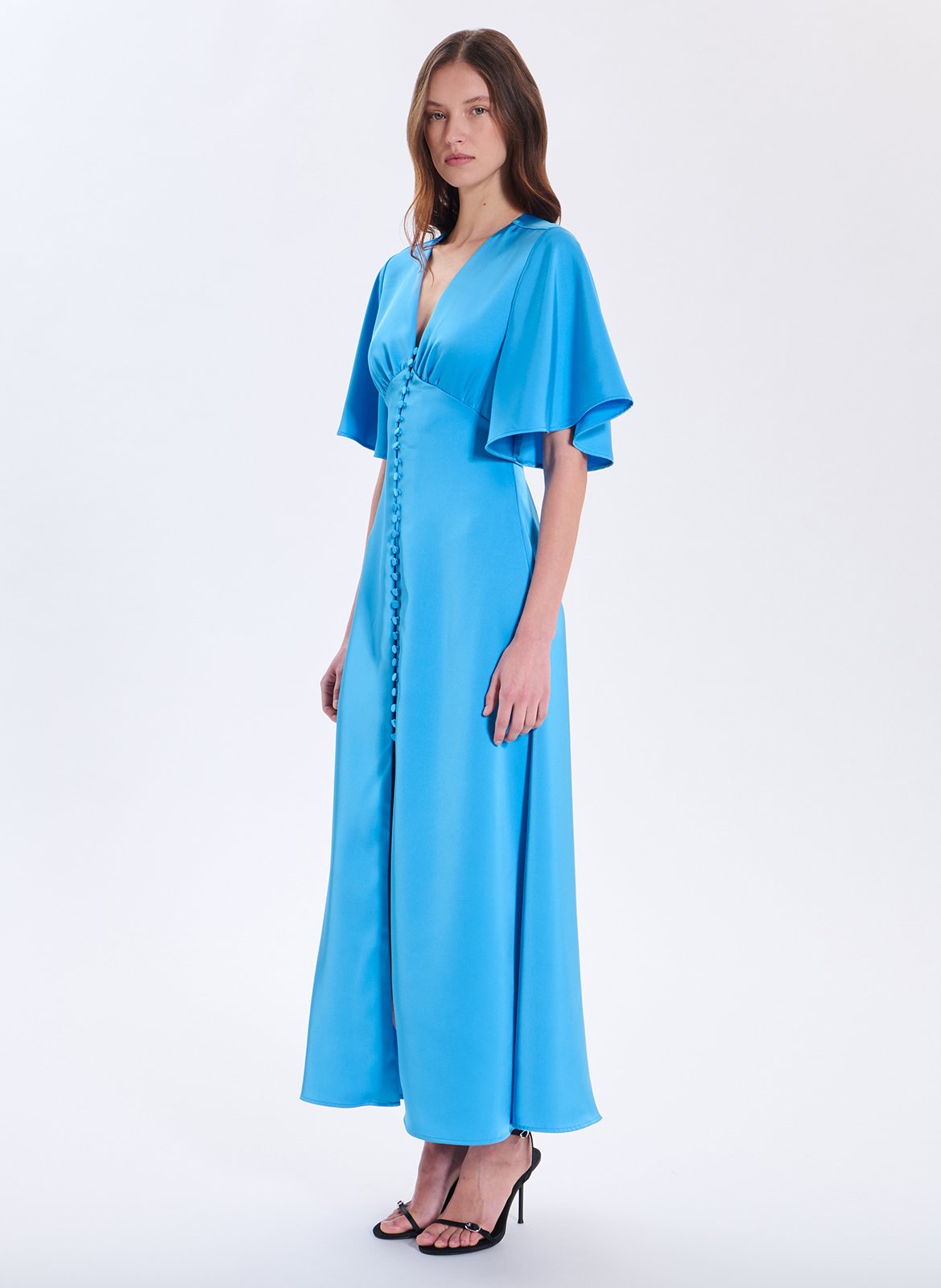 Robe longue col V satinée ZAPA Bleu