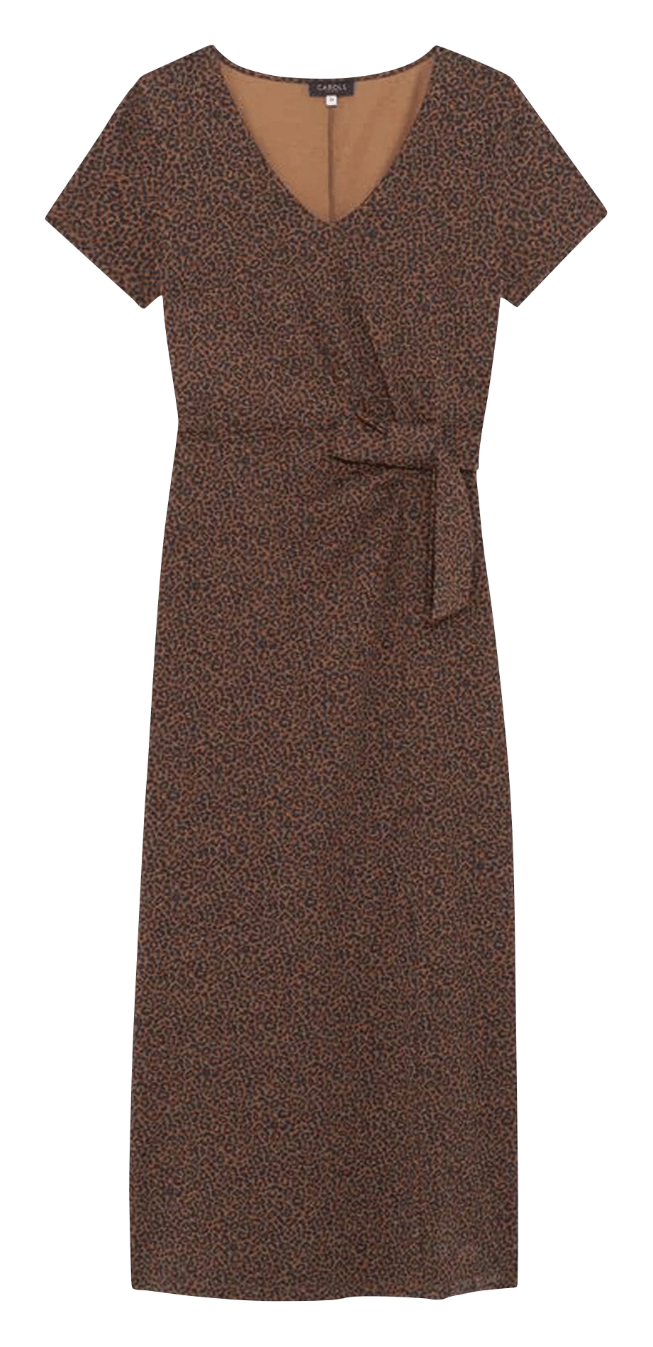 Long cotton-blend V-neck dress CAROLL Brown