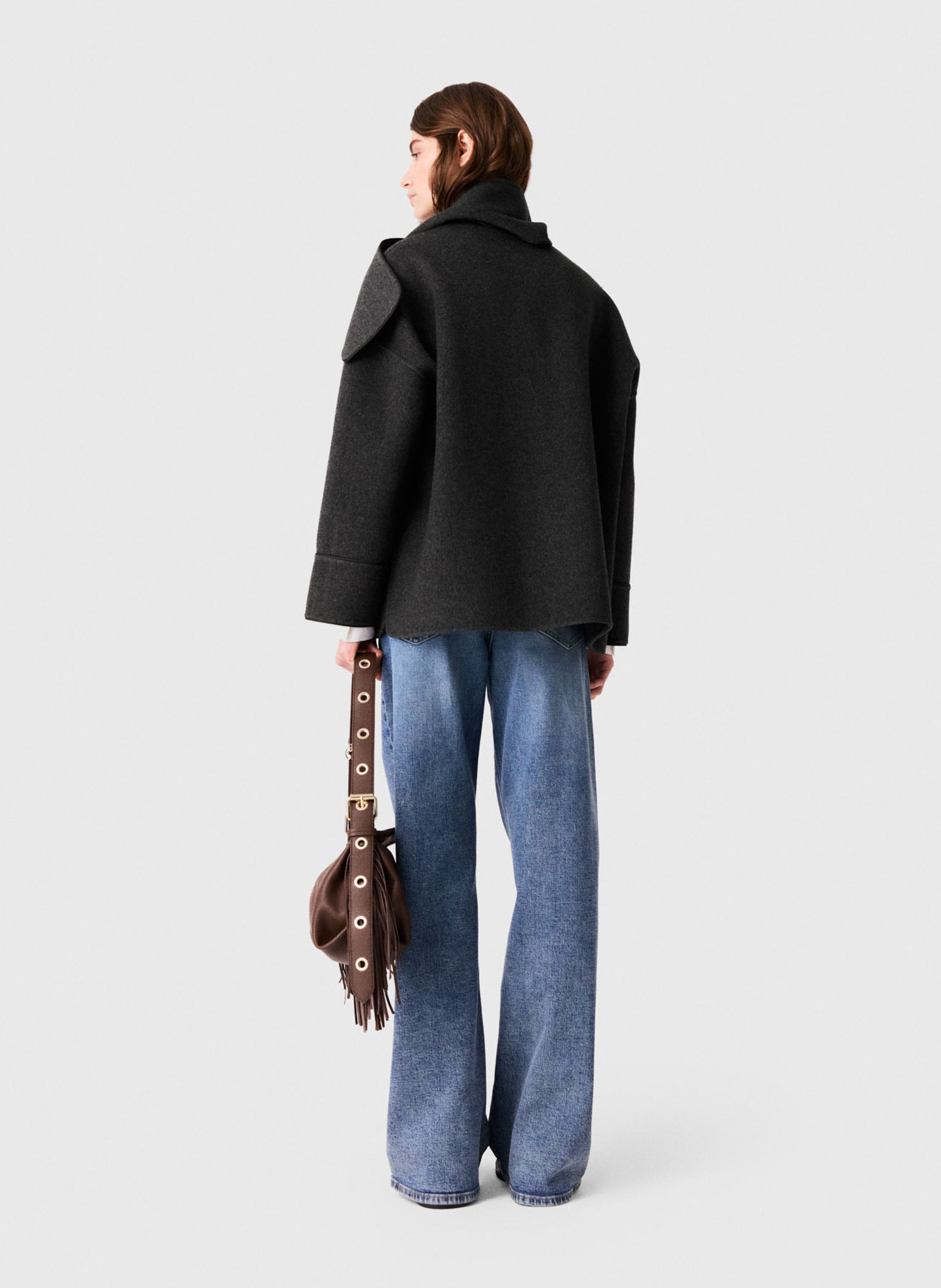 Manteau droit col classique avec écharpe amovible en laine mélangée MAJE Gris