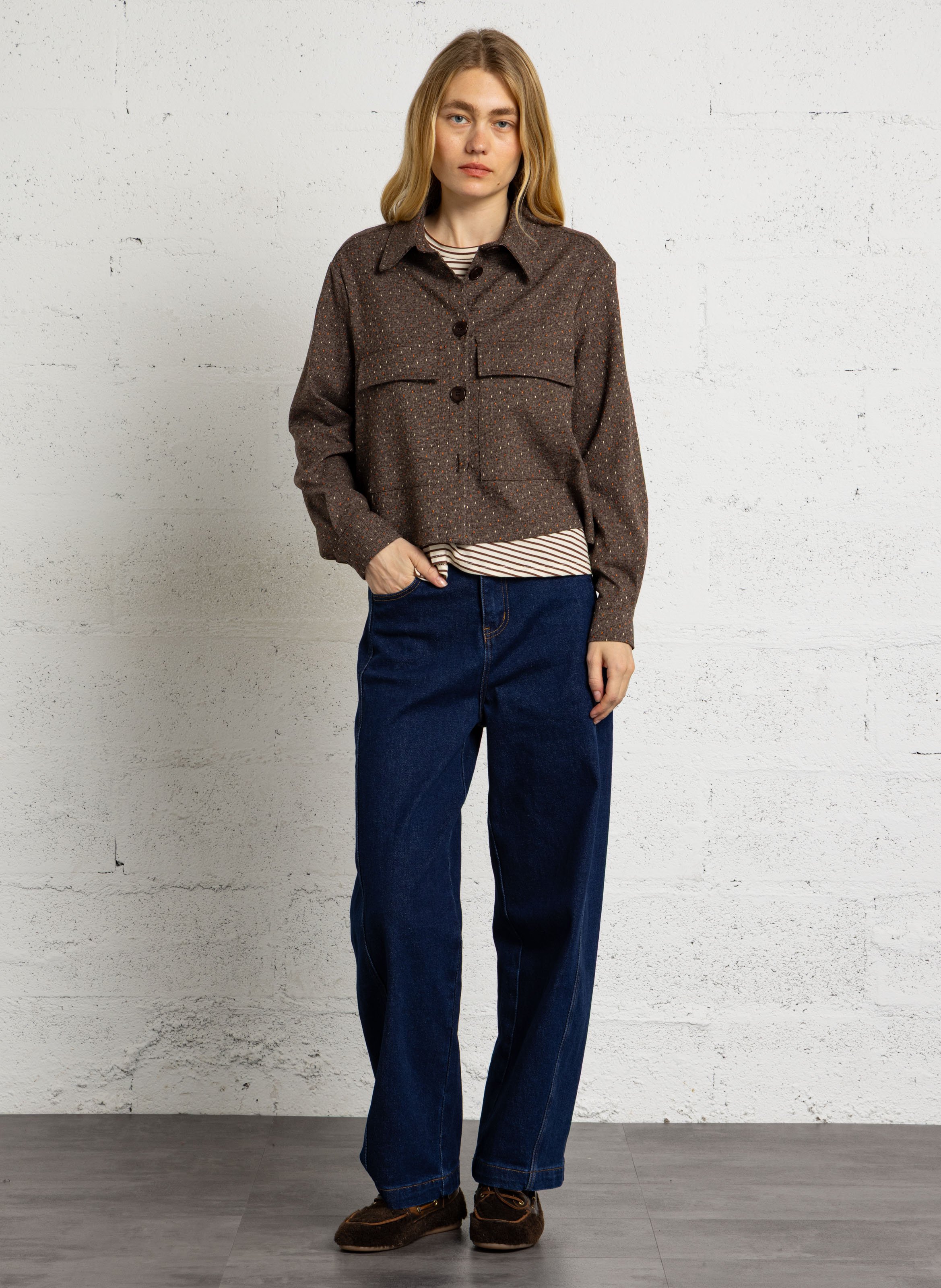 Chemise courte et droite à motif PLEASE Marron