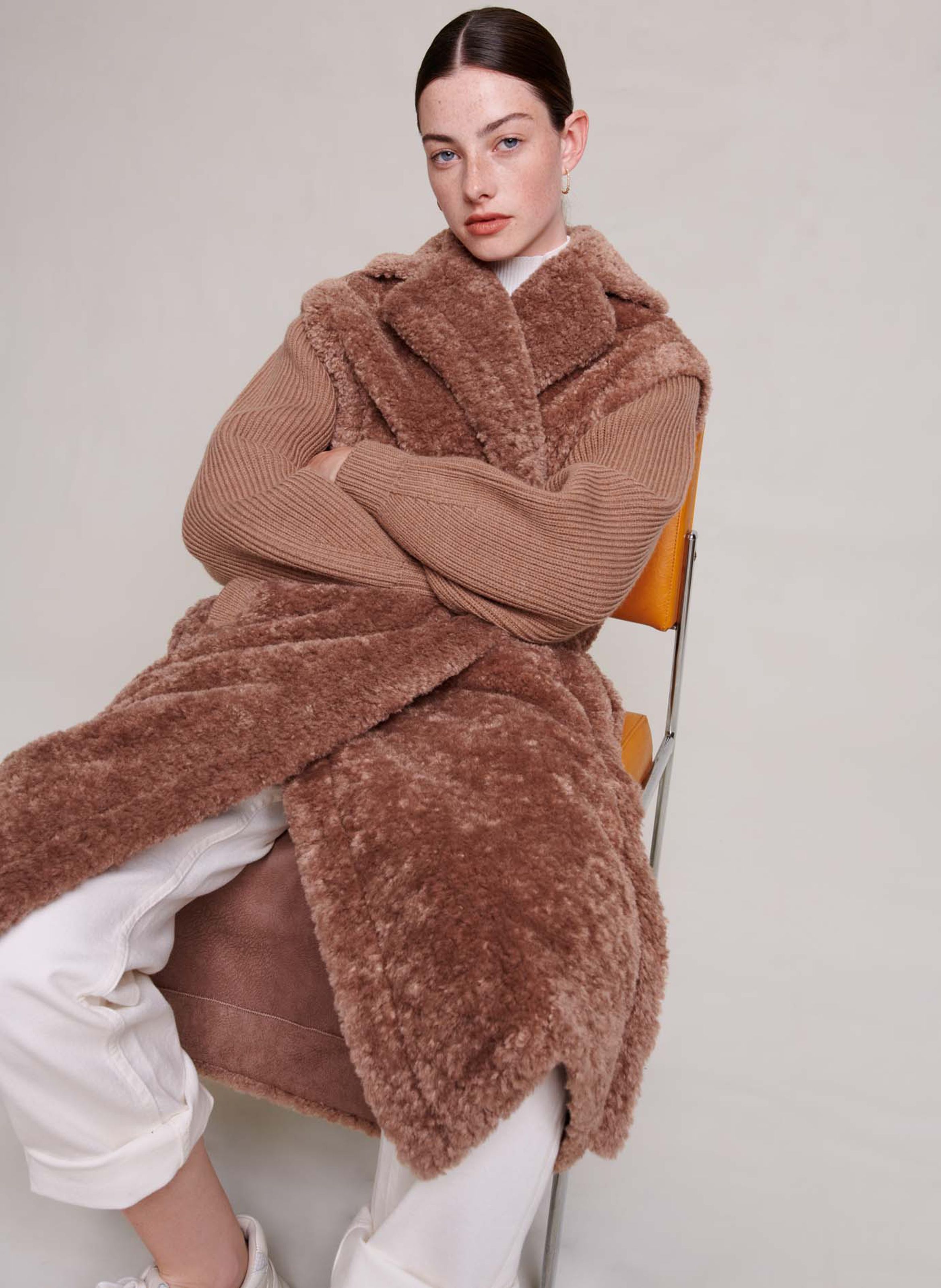 Faux Fur Coat With Tailored Collar Marron Maje Women Place des