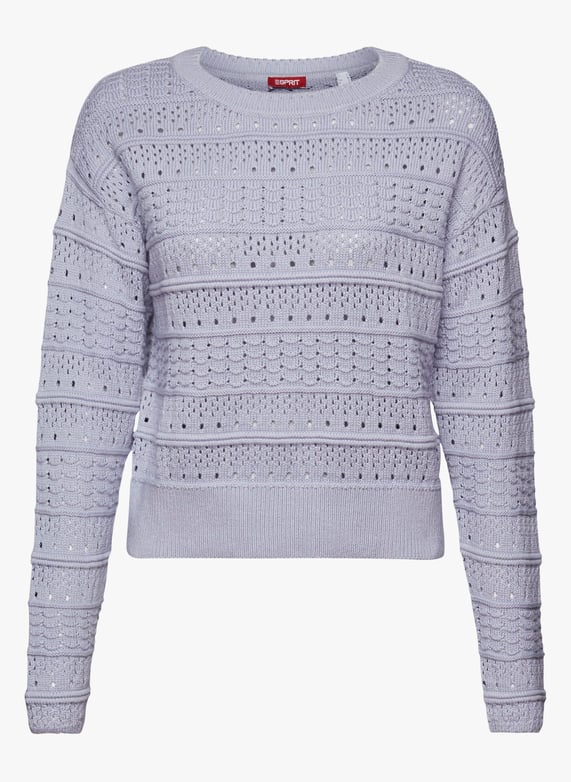 Gebreide, katoenen trui met ronde hals en ajourmotiefje Light blue