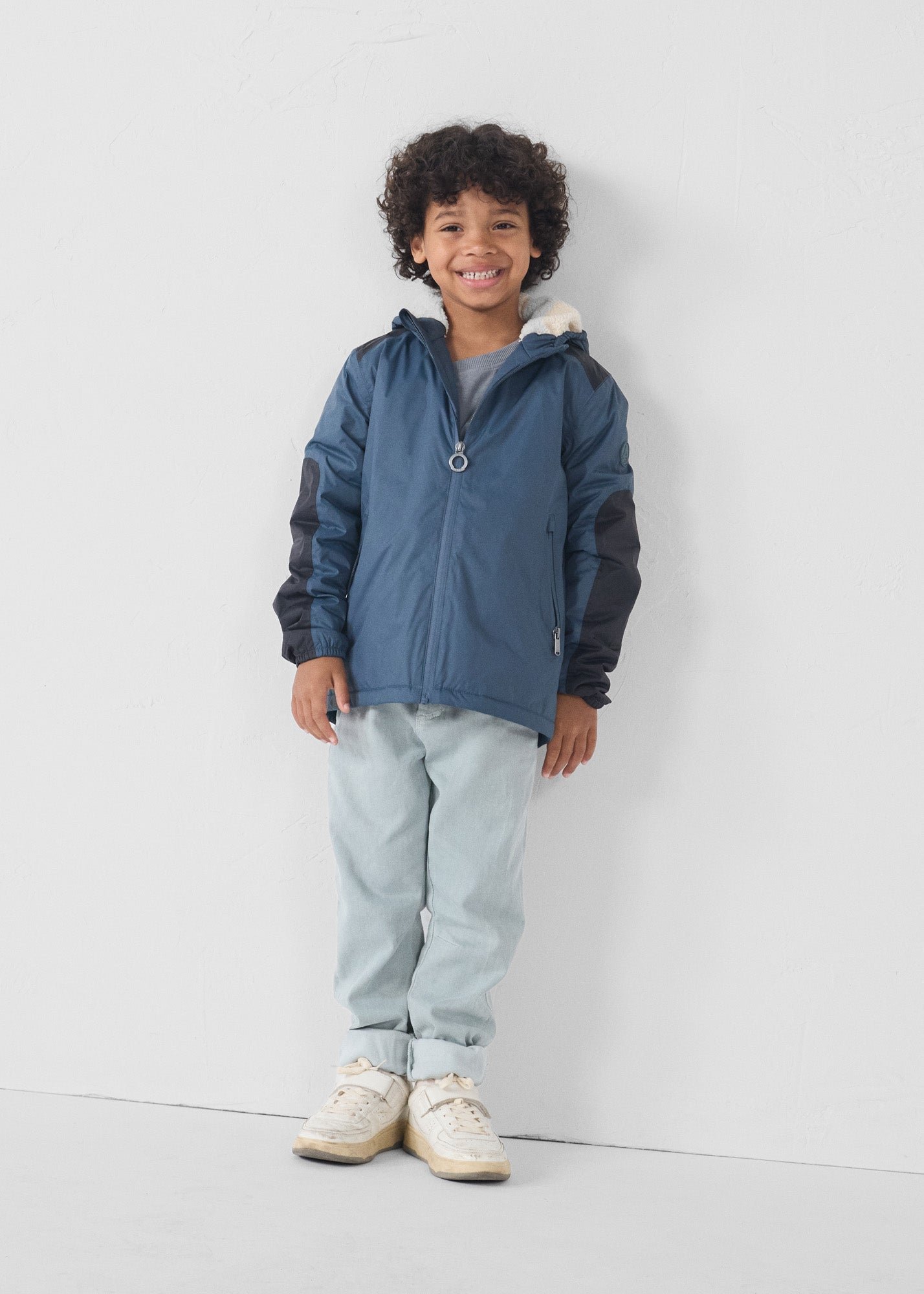 Children's hooded sherpa-lined raincoat in bluestone lag sherpa JOTT Blue