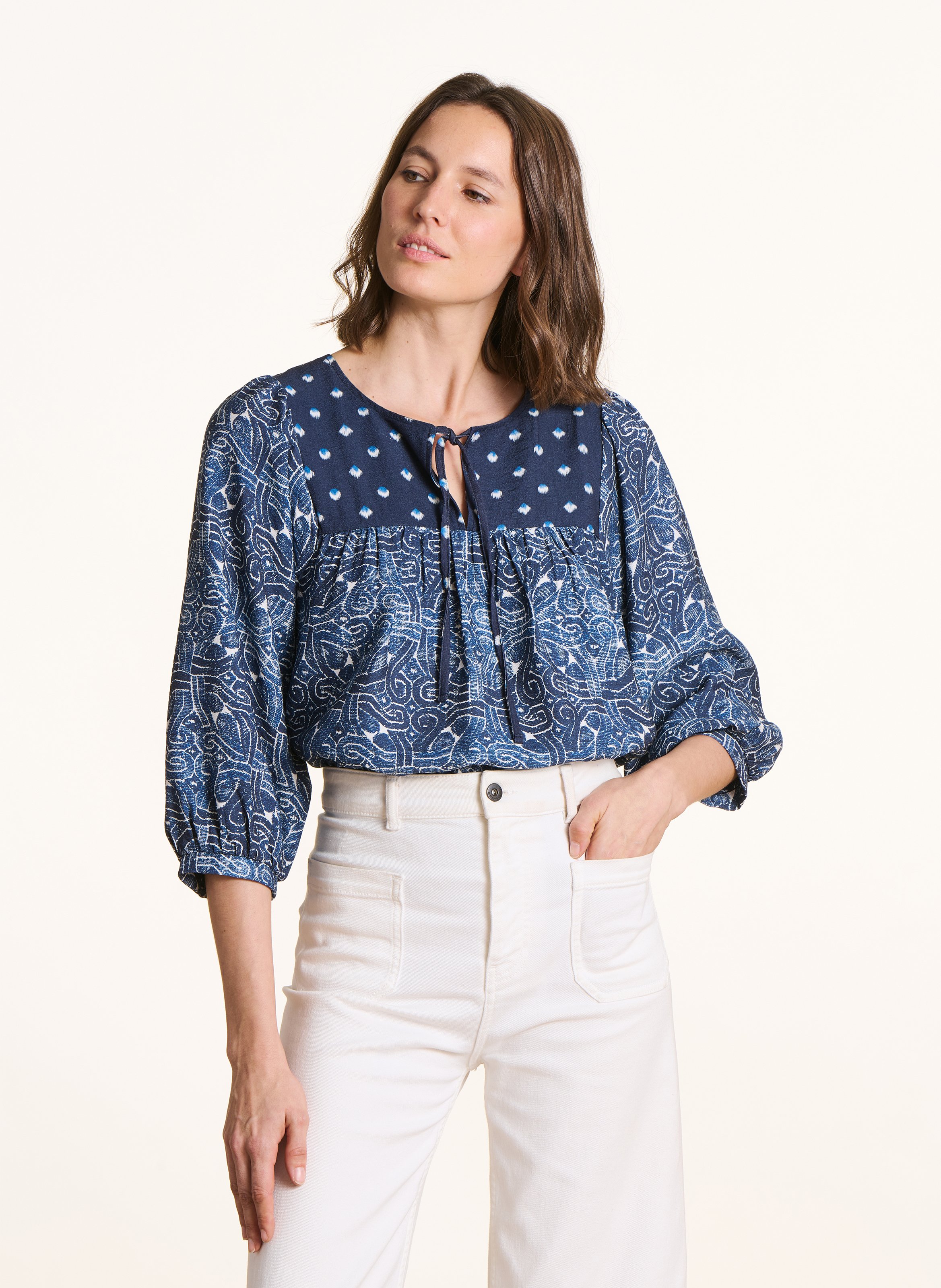 Top col tunisien à imprimé etnique LA FEE MARABOUTEE Bleu