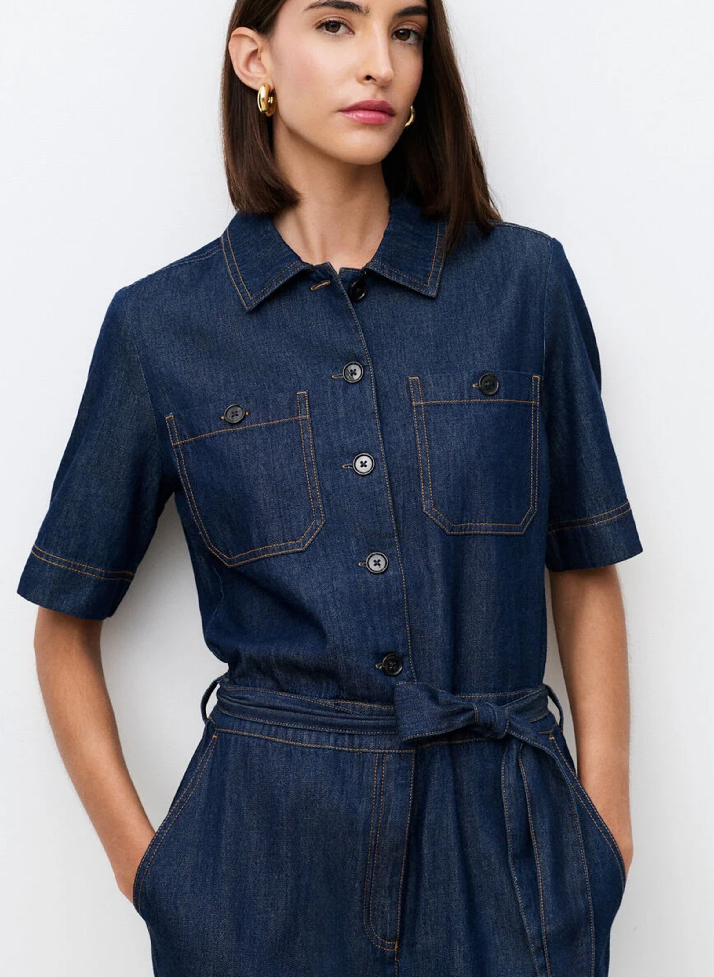 Straight cotton jumpsuit with classic collar CAROLL Blue