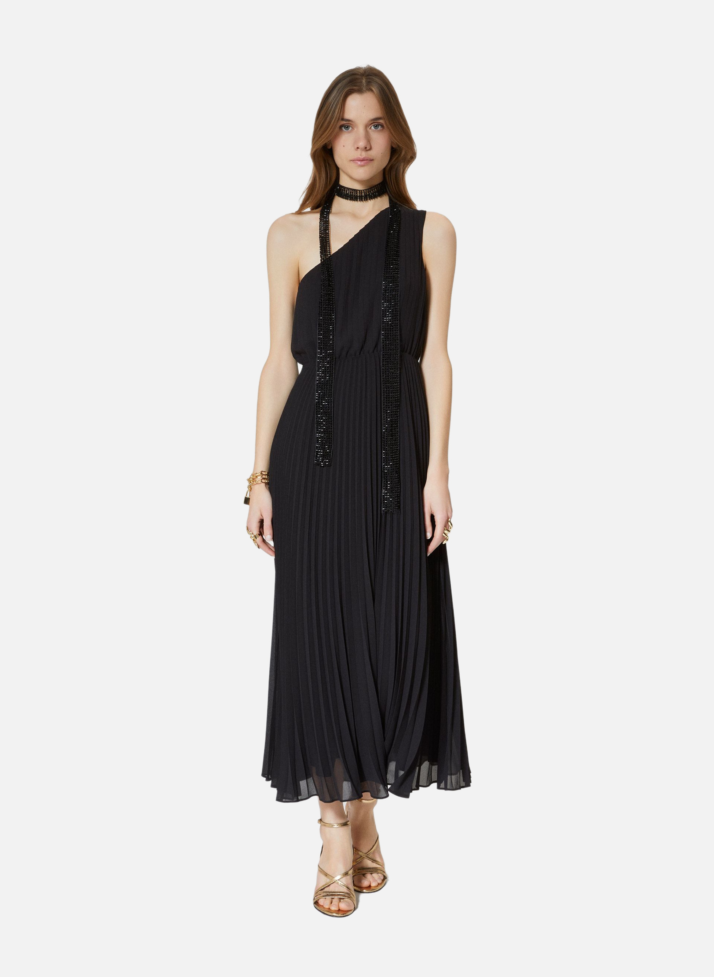 Asymmetrical Pleated Maxi Dress THE KOOPLES Black