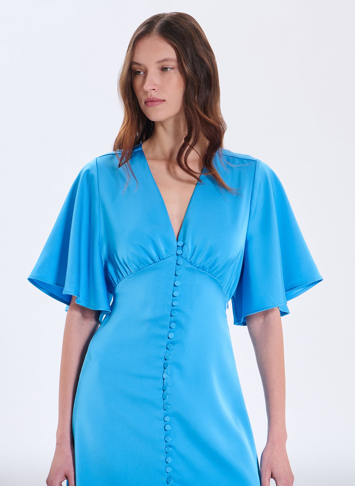 Robe longue col V satinée ZAPA Bleu