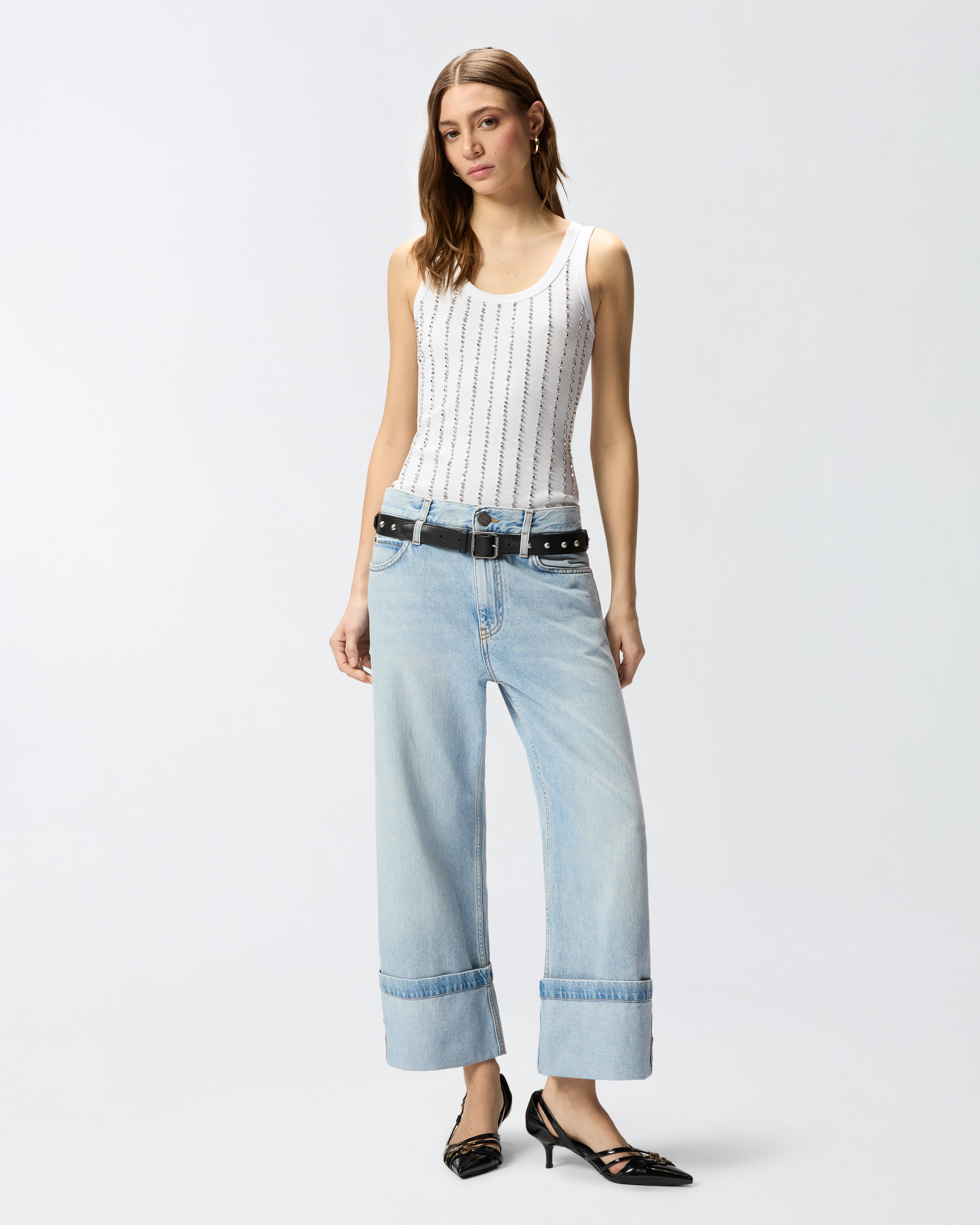 Jean cropped avec ceinture en cuir PINKO Bleu