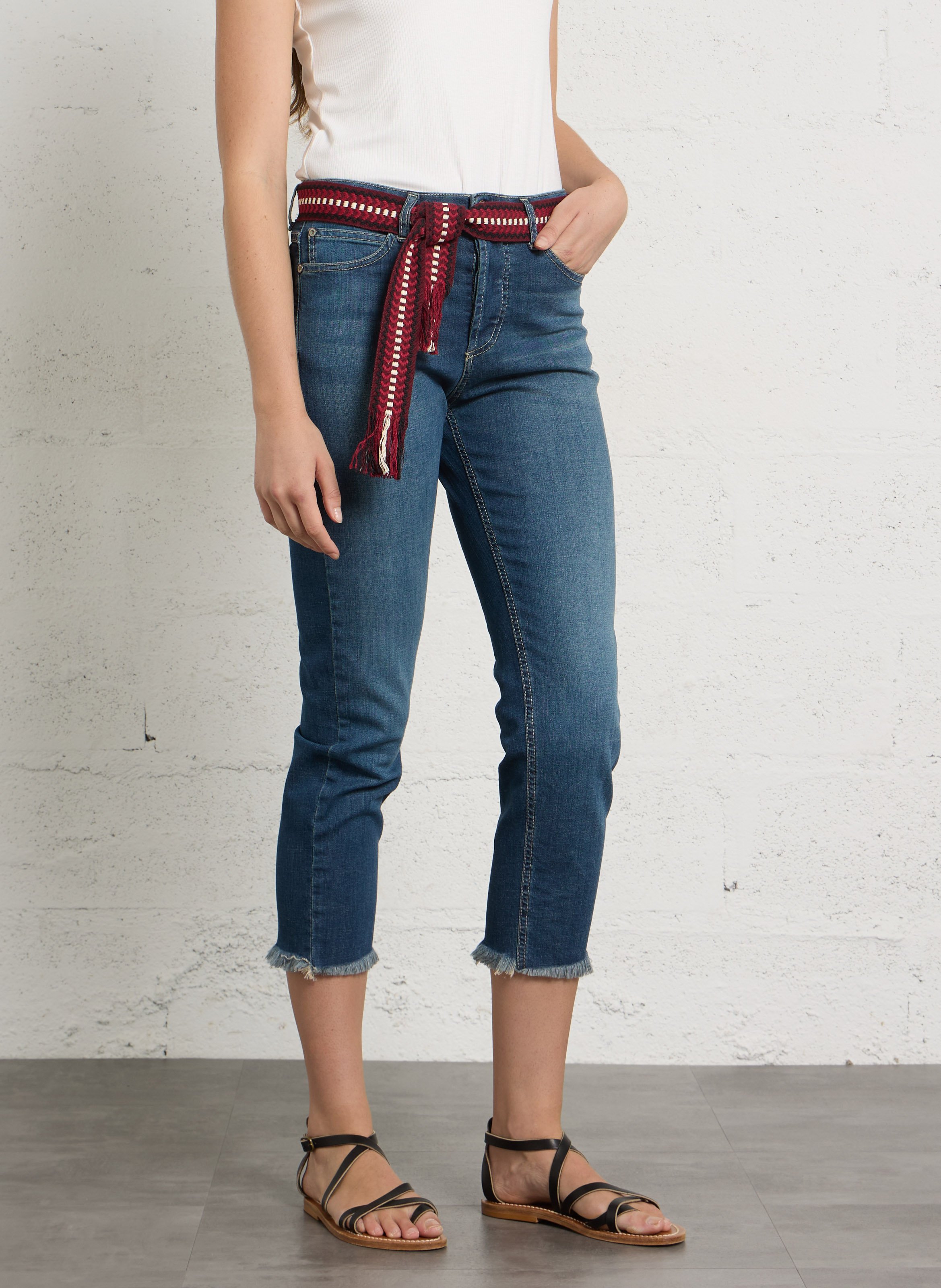 Schmale Jeans mit gewebtem Baumwollmischgürtel PLEASE Blau