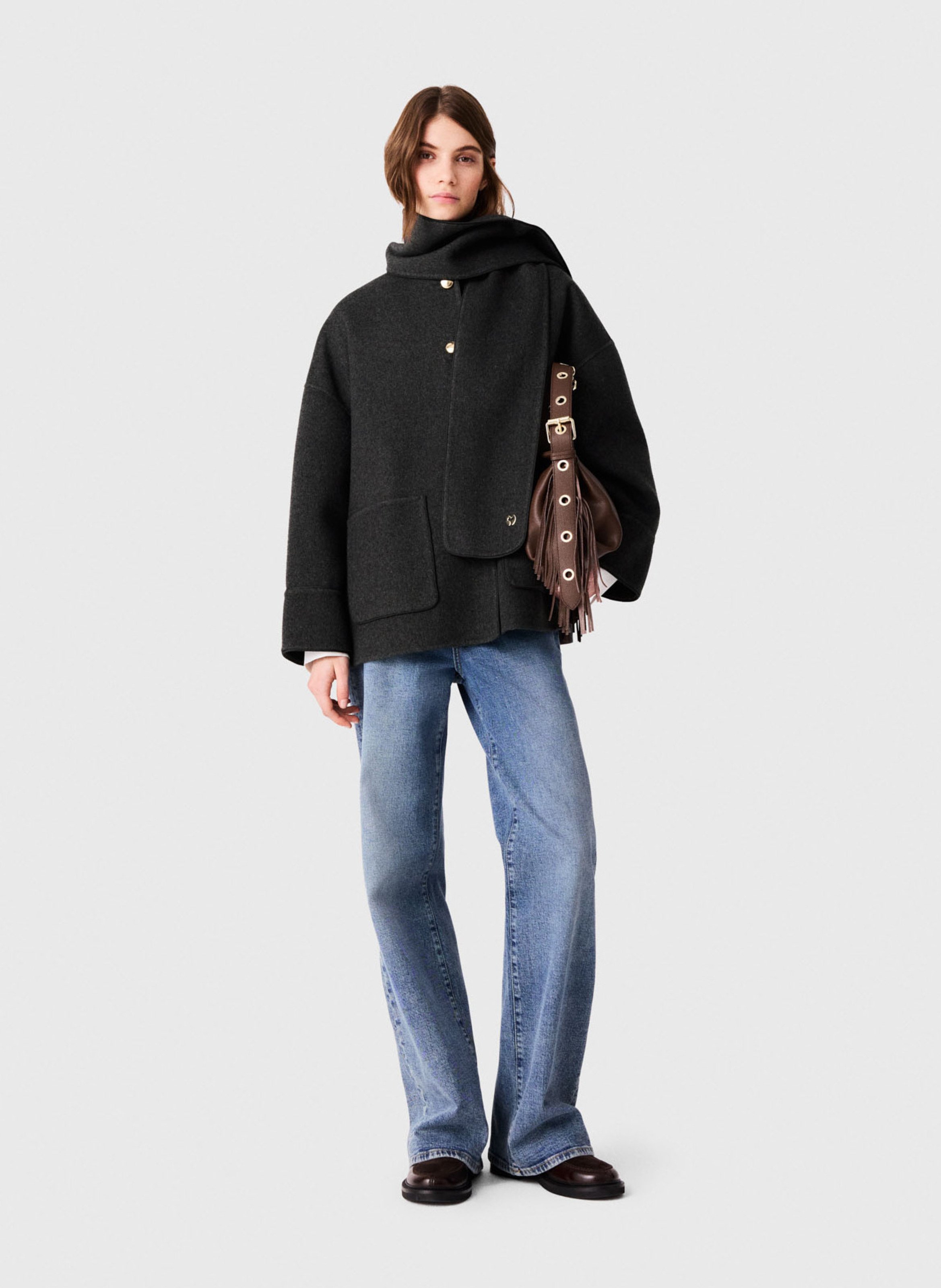 Manteau droit col classique avec écharpe amovible en laine mélangée MAJE Gris