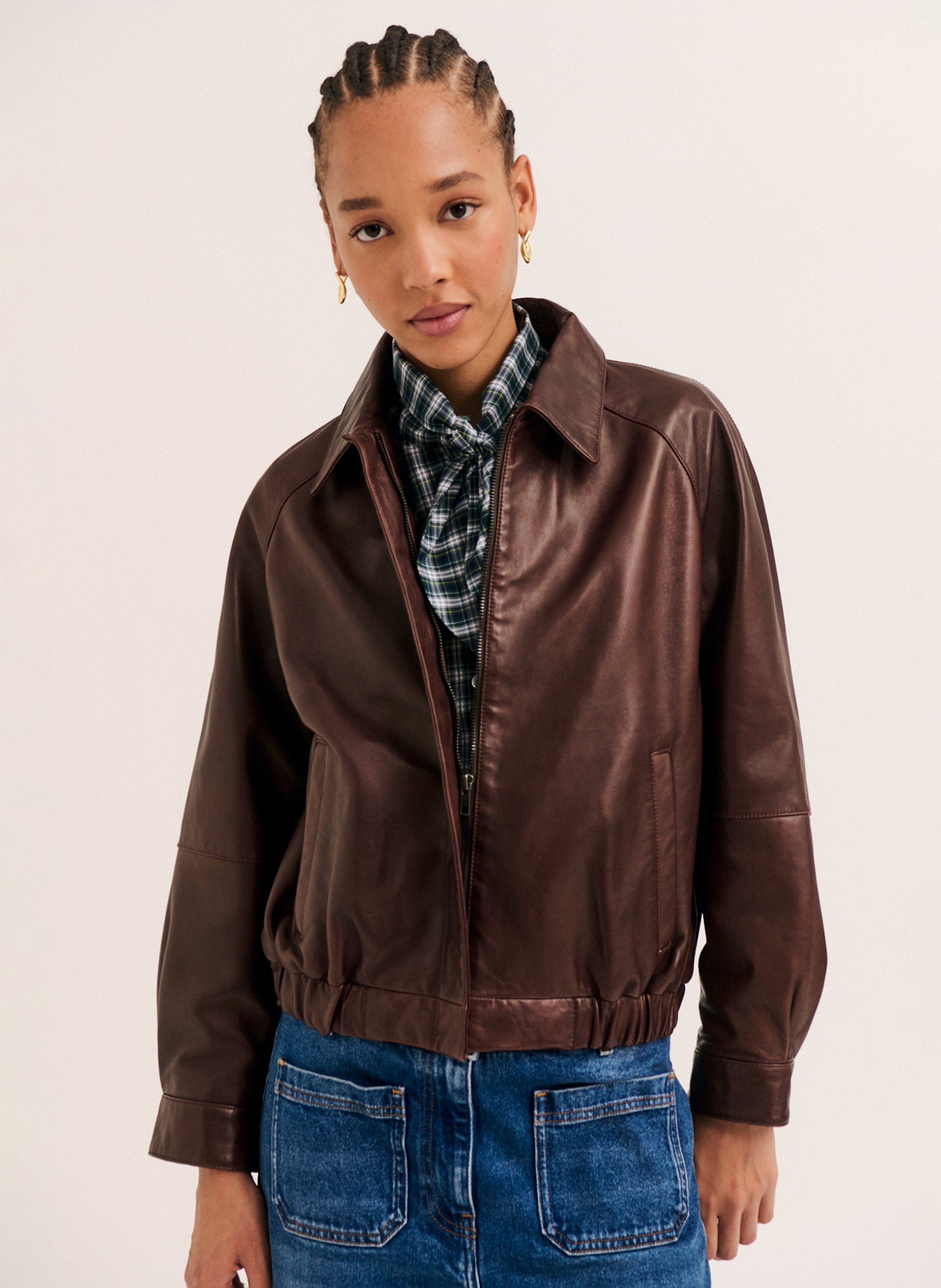 Veste droite zippée en cuir PABLO Marron