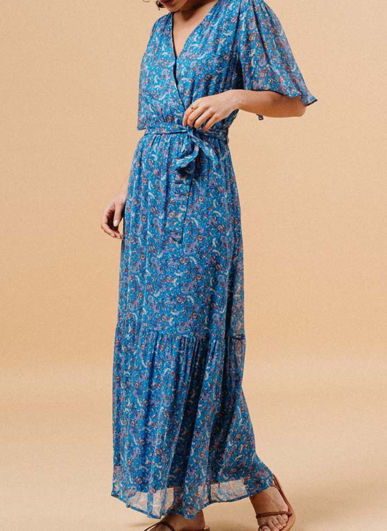 Robe longue droite col V imprimée GRACE ET MILA Bleu