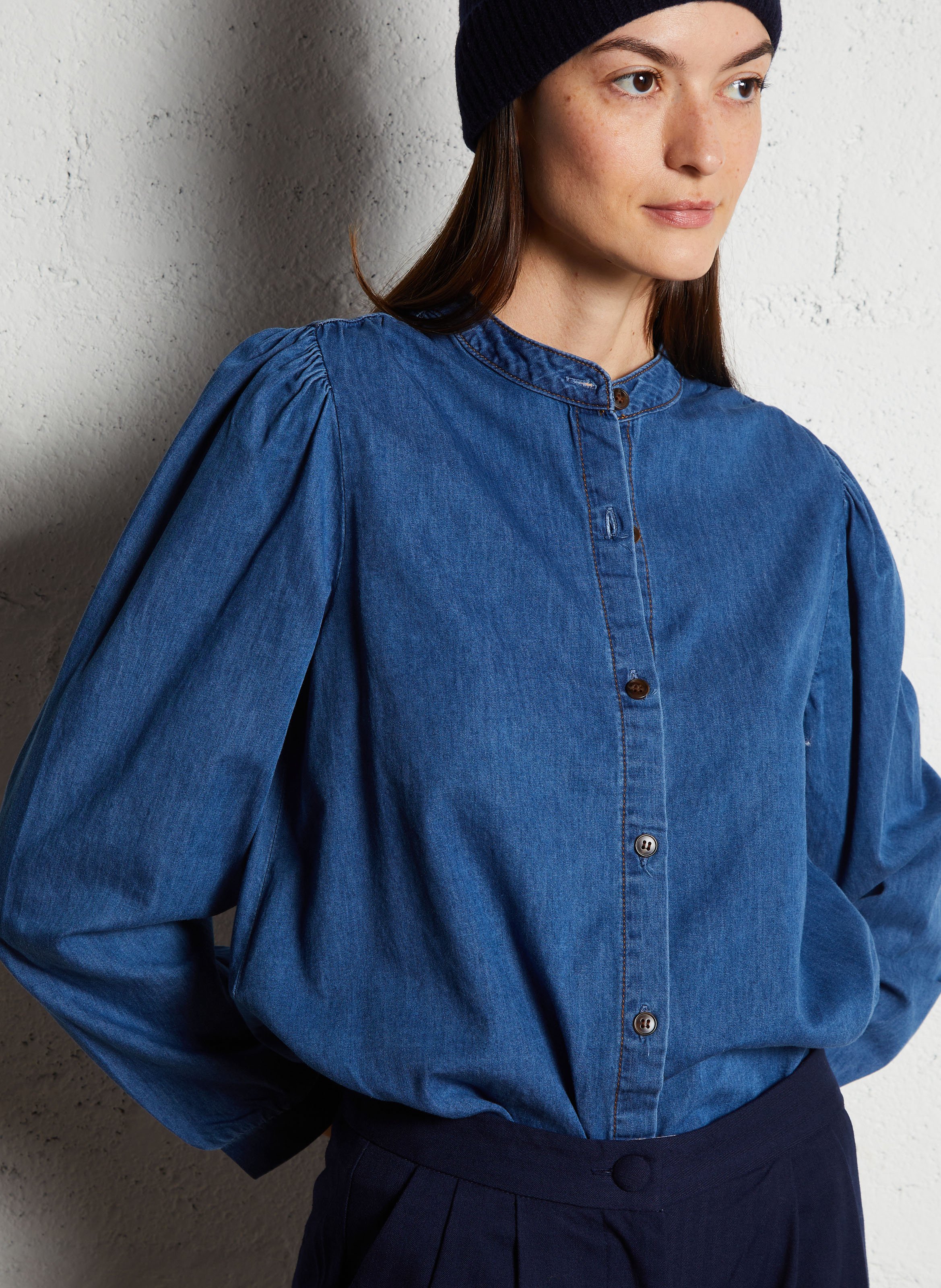 Chemise col officier droite en coton mélangé LA PETITE ETOILE Jean brut