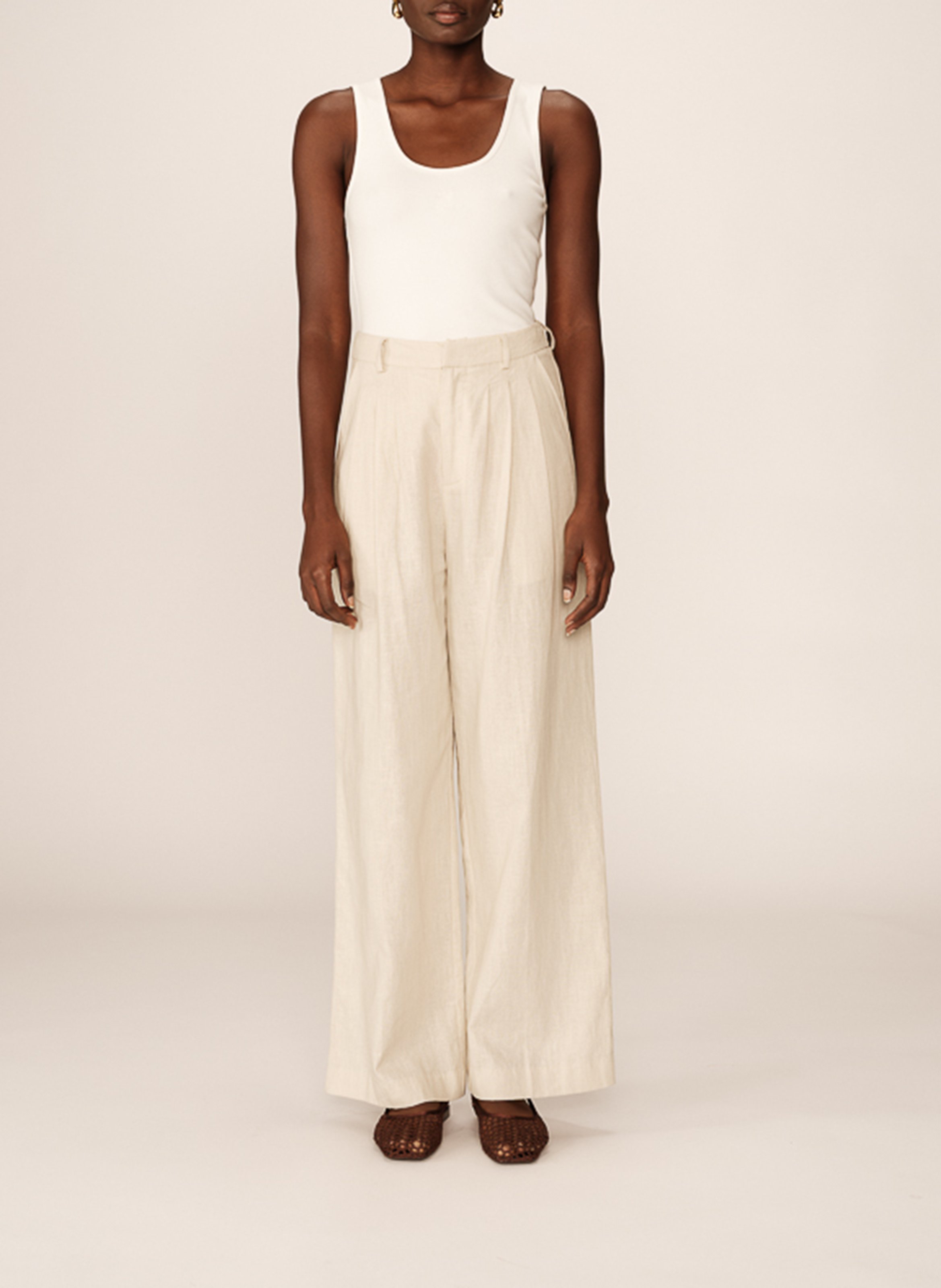 Weit geschnittene Hose aus Leinen-Mix Beige