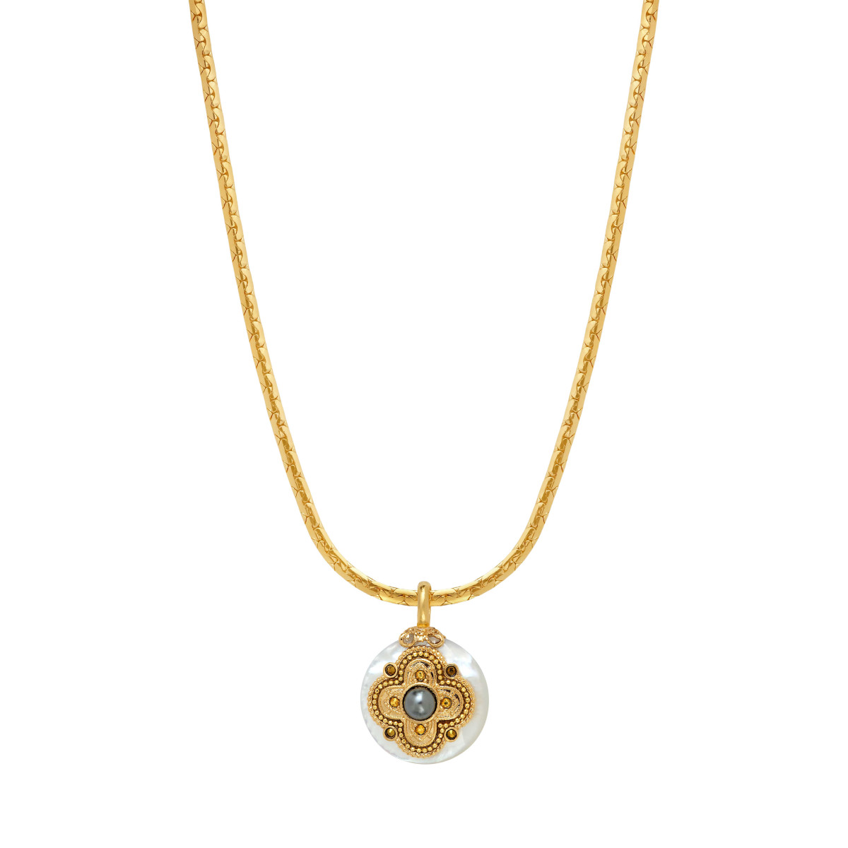 Collier pendentif positano maille haricot et médaille en nacre SATELLITE PARIS Blanc