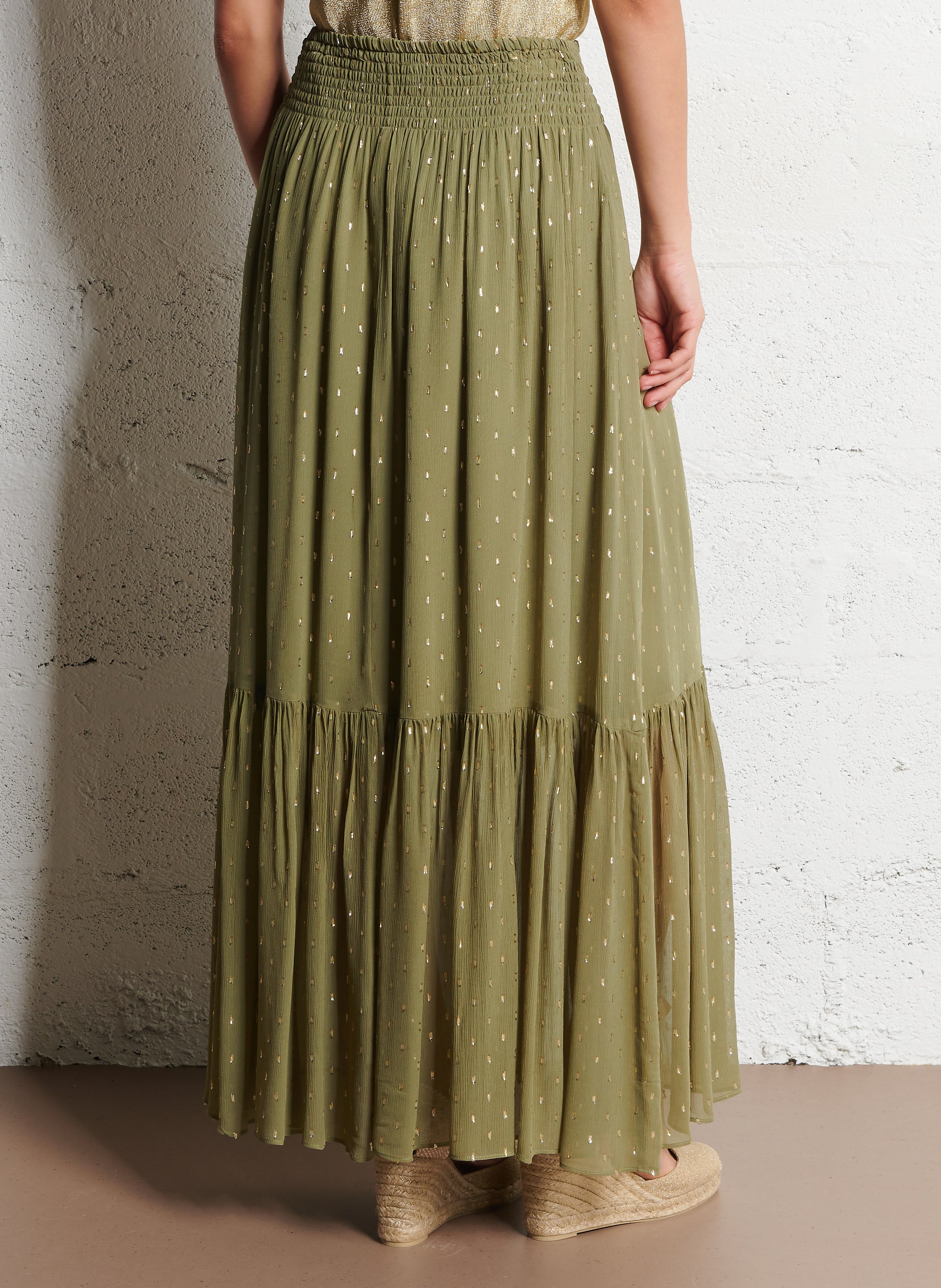 Jupe longue évasée à motifs brillants BA&SH Kaki