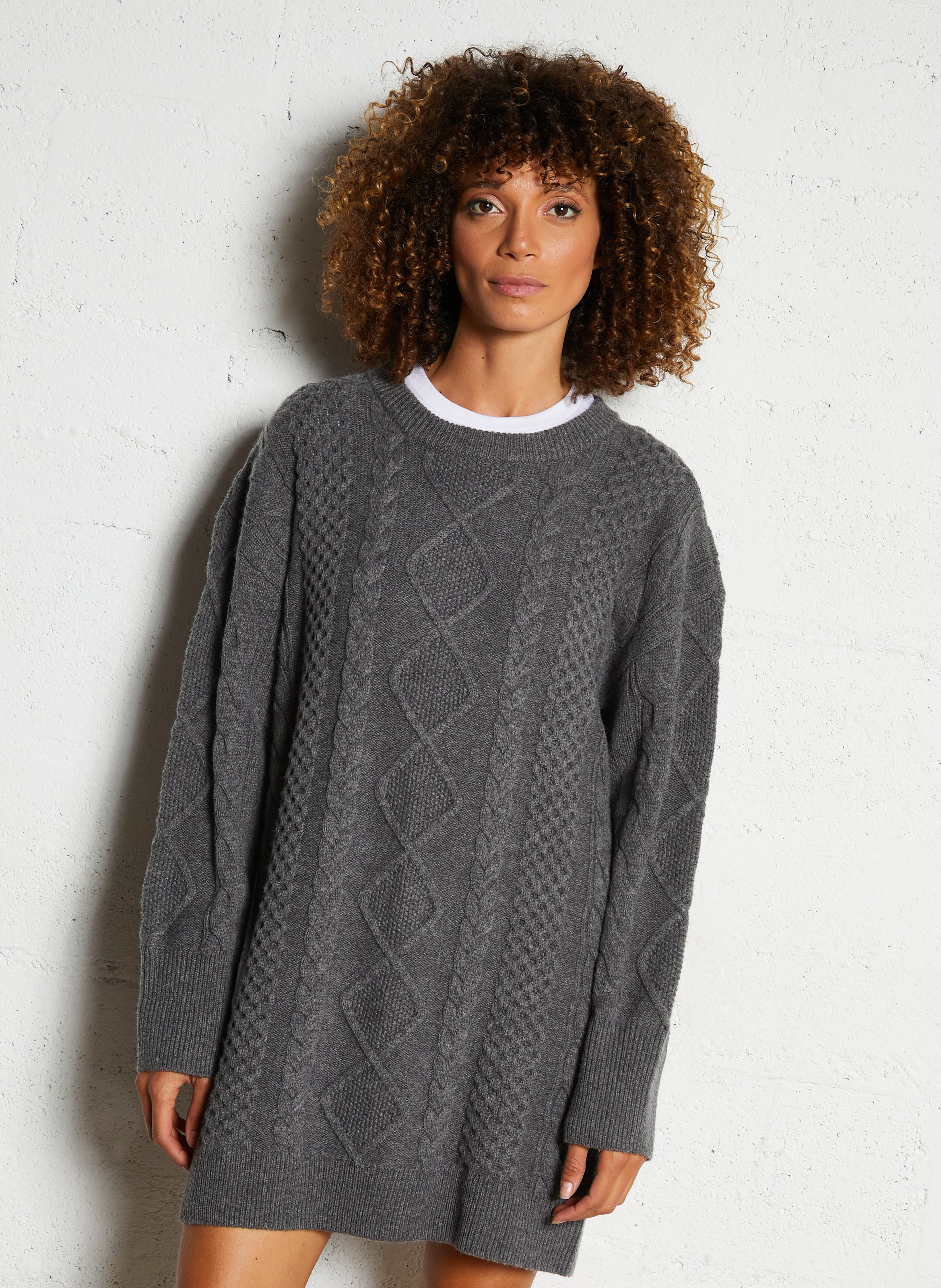 Oversized round neck wool blend sweater dress DES PETITS HAUTS Grey