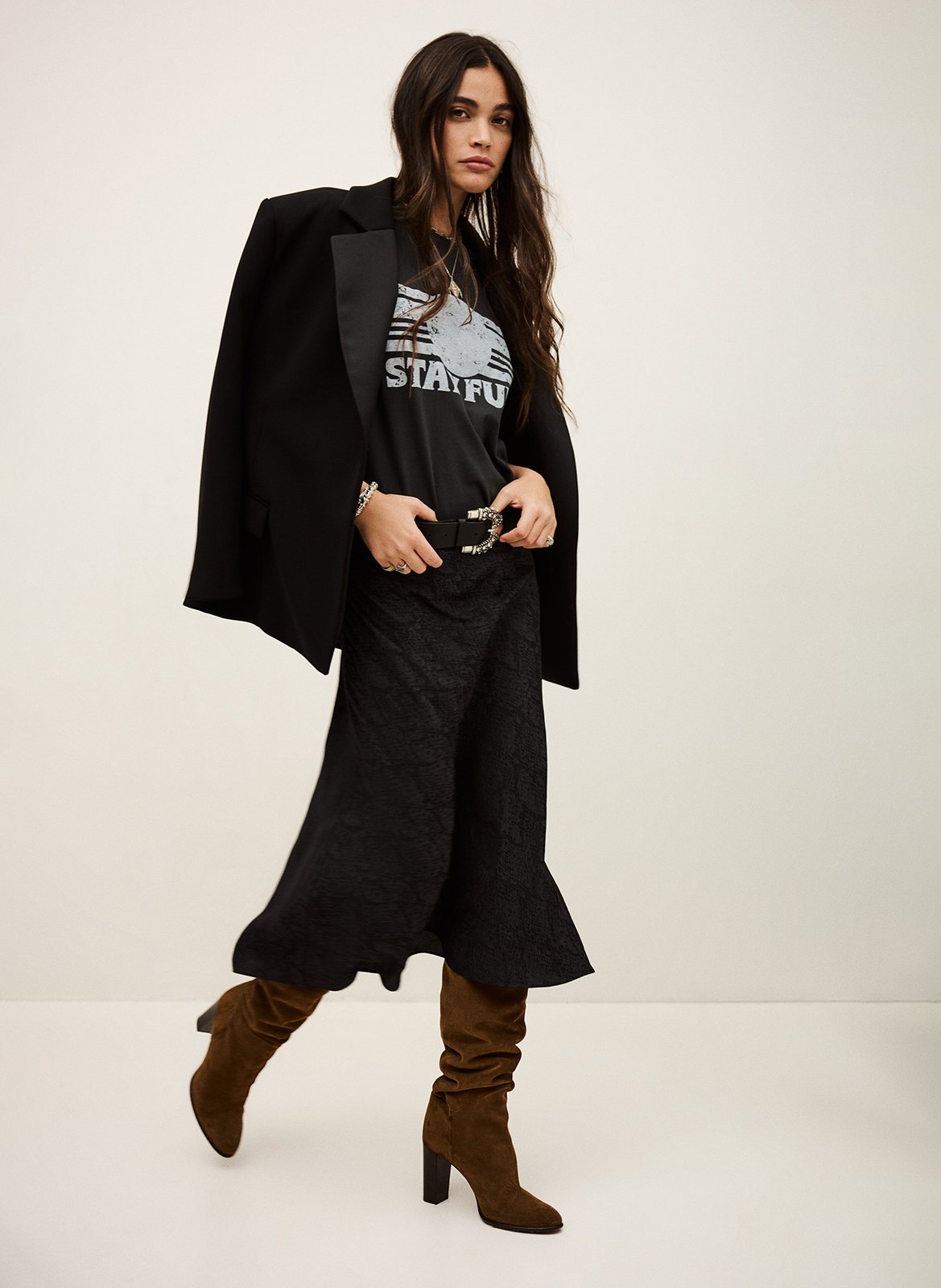 Jupe midi fluide jacquard python BA&SH Noir