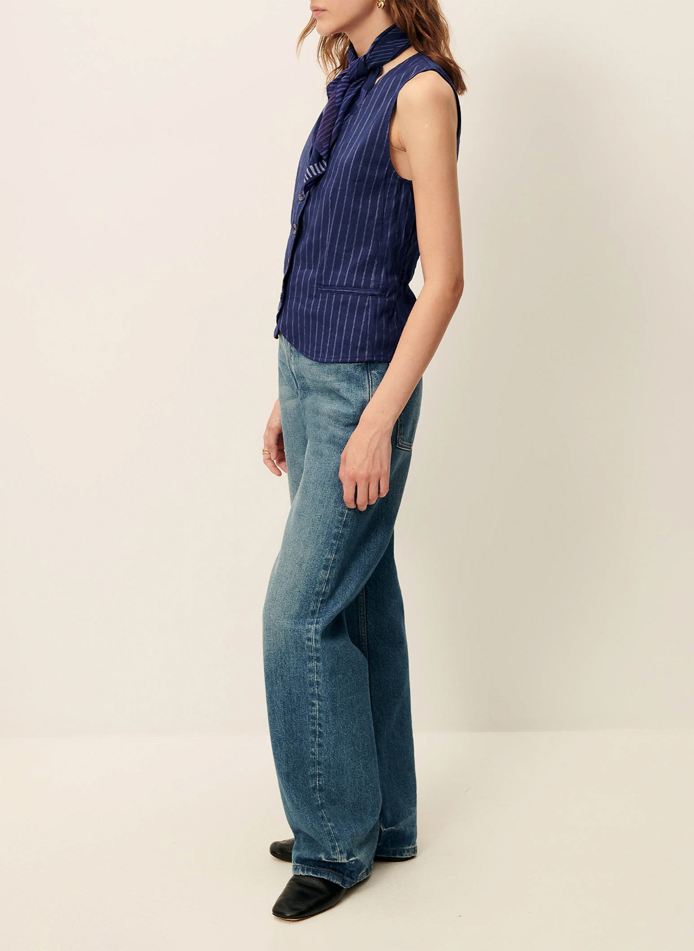 Cotton and lurex V-neck linen top SESSUN Blue