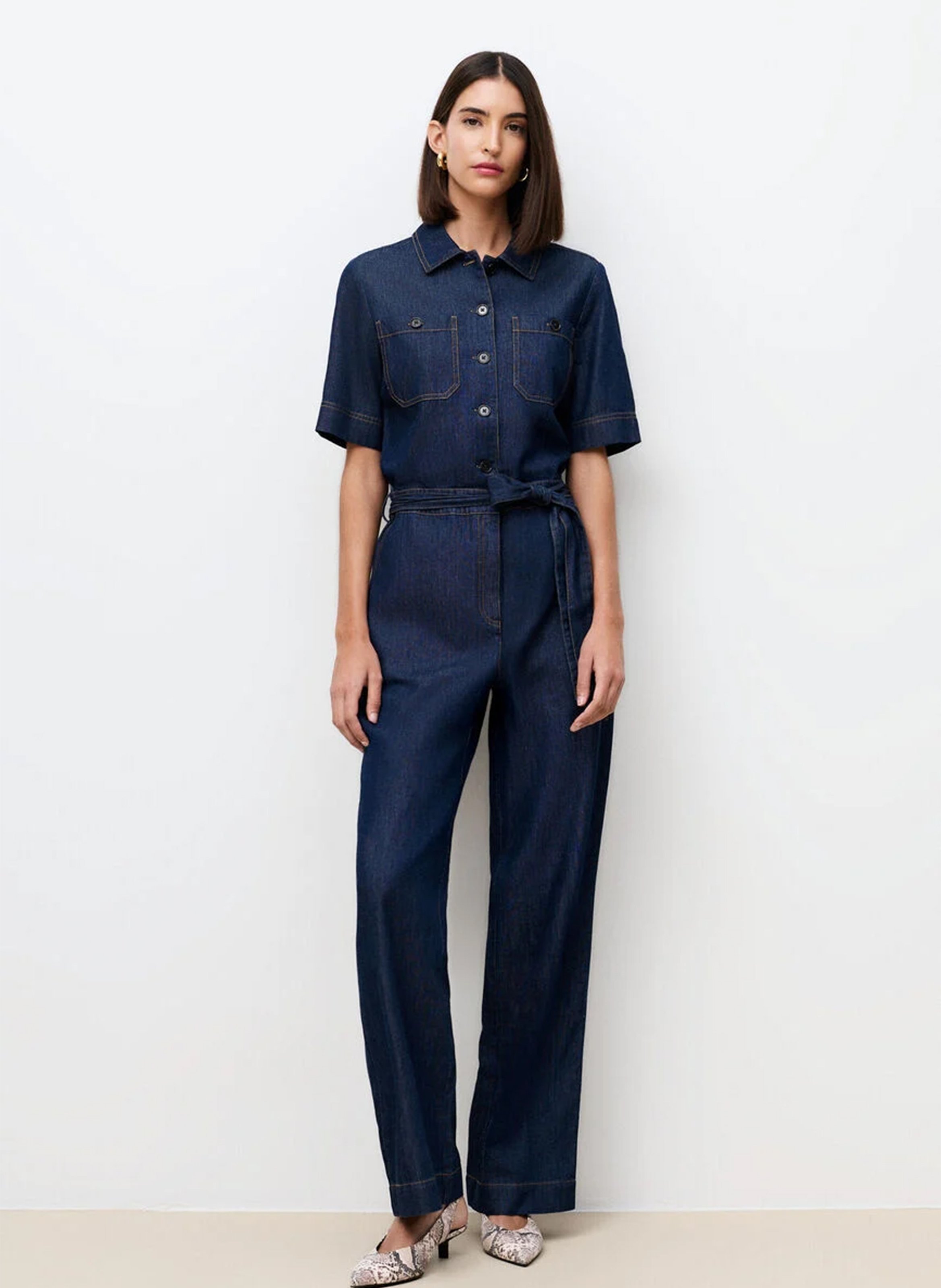 Straight cotton jumpsuit with classic collar CAROLL Blue