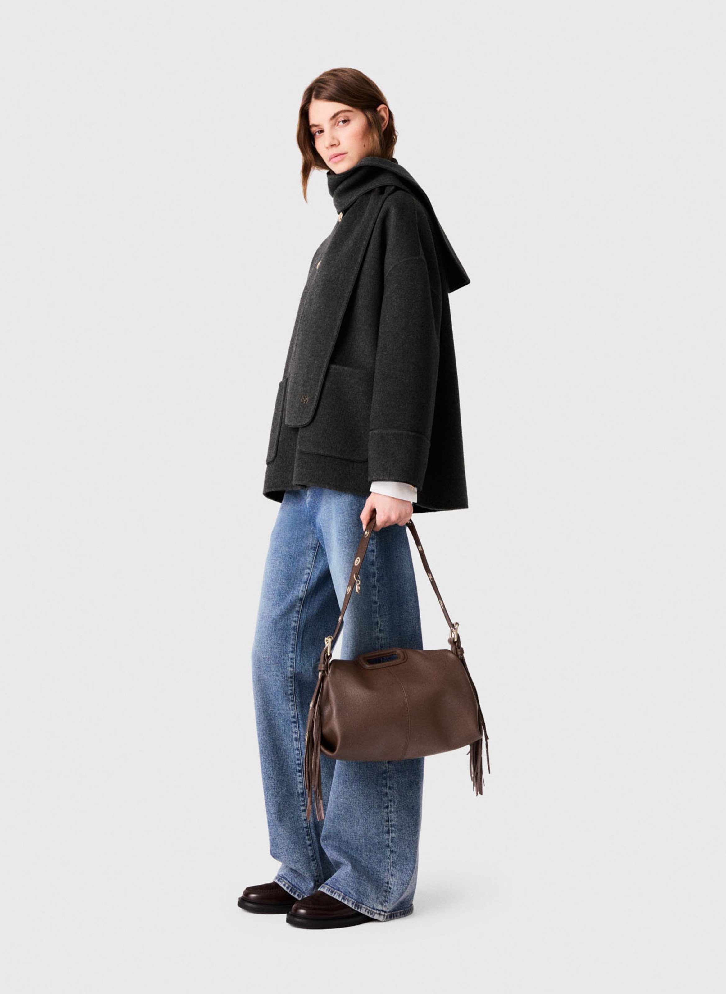 Manteau droit col classique avec écharpe amovible en laine mélangée MAJE Gris