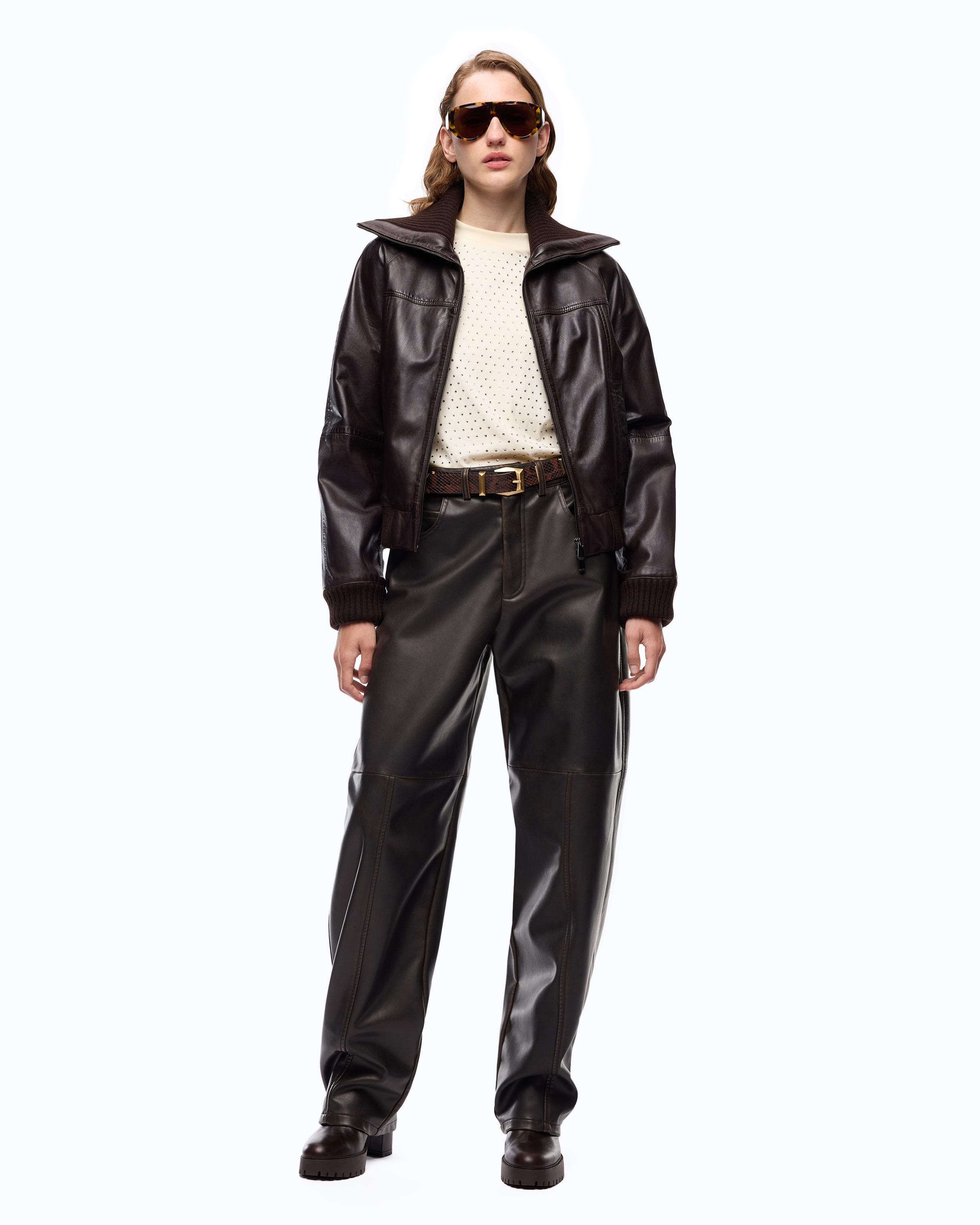 Leather bomber jacket with turn-down collar PINKO Brown