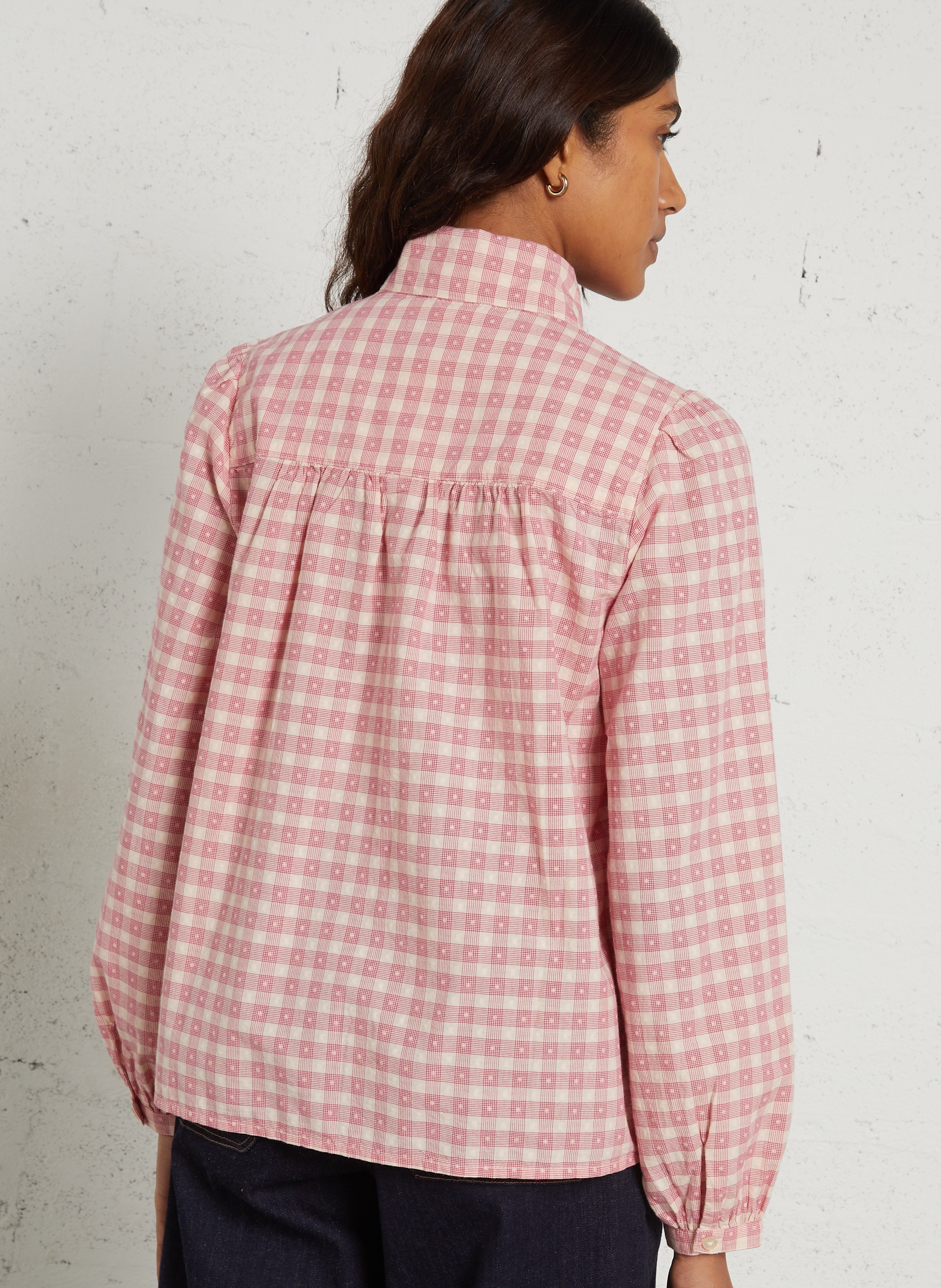 Chemisier droit col lavallière à carreaux en coton MAISON 123 Rose