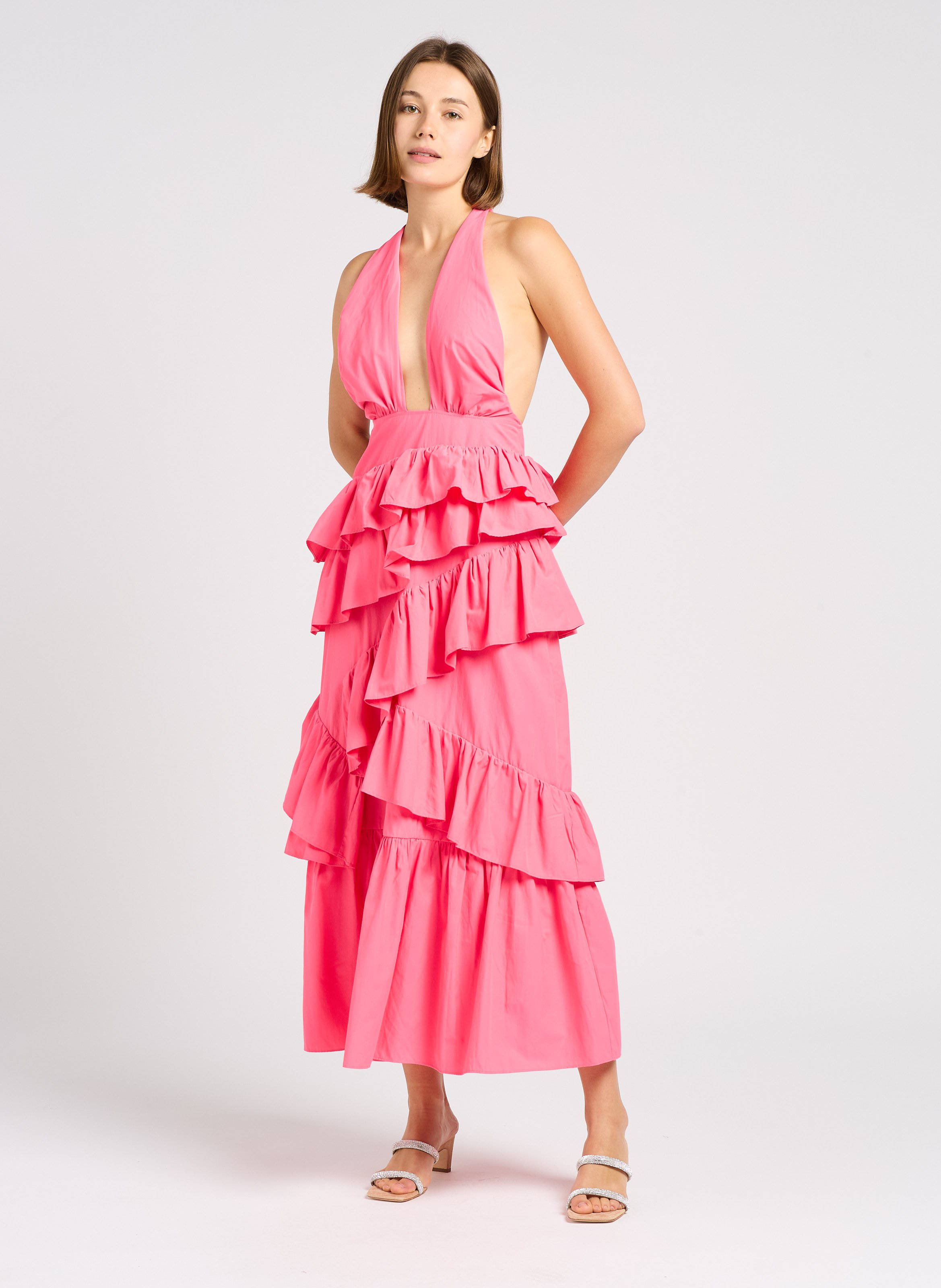 Robe longue à volants asymétriques  SUNDRESS Rose