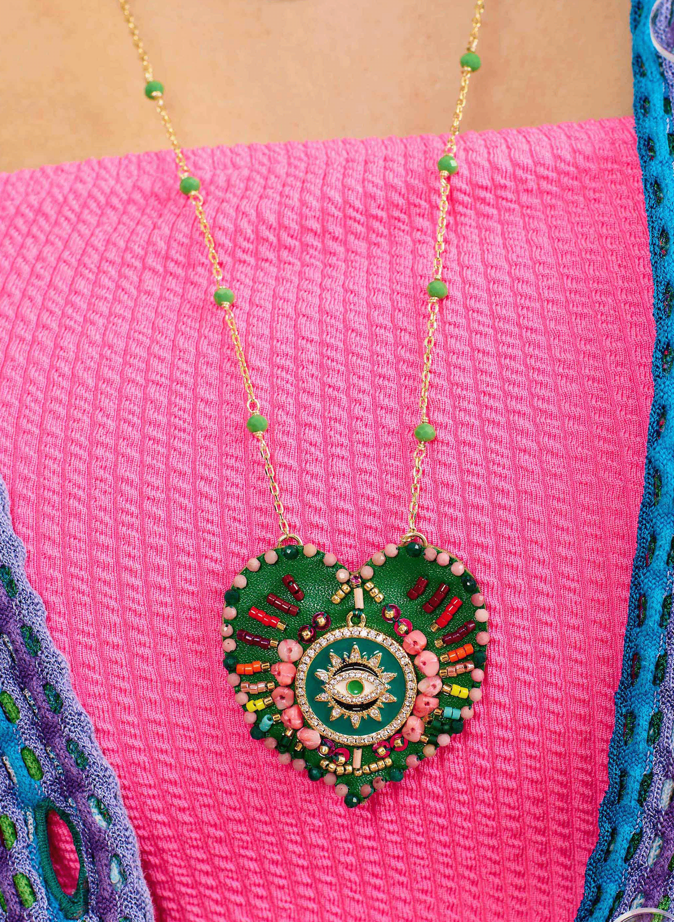 Chain necklace with central charm with pearls HIPANEMA Green