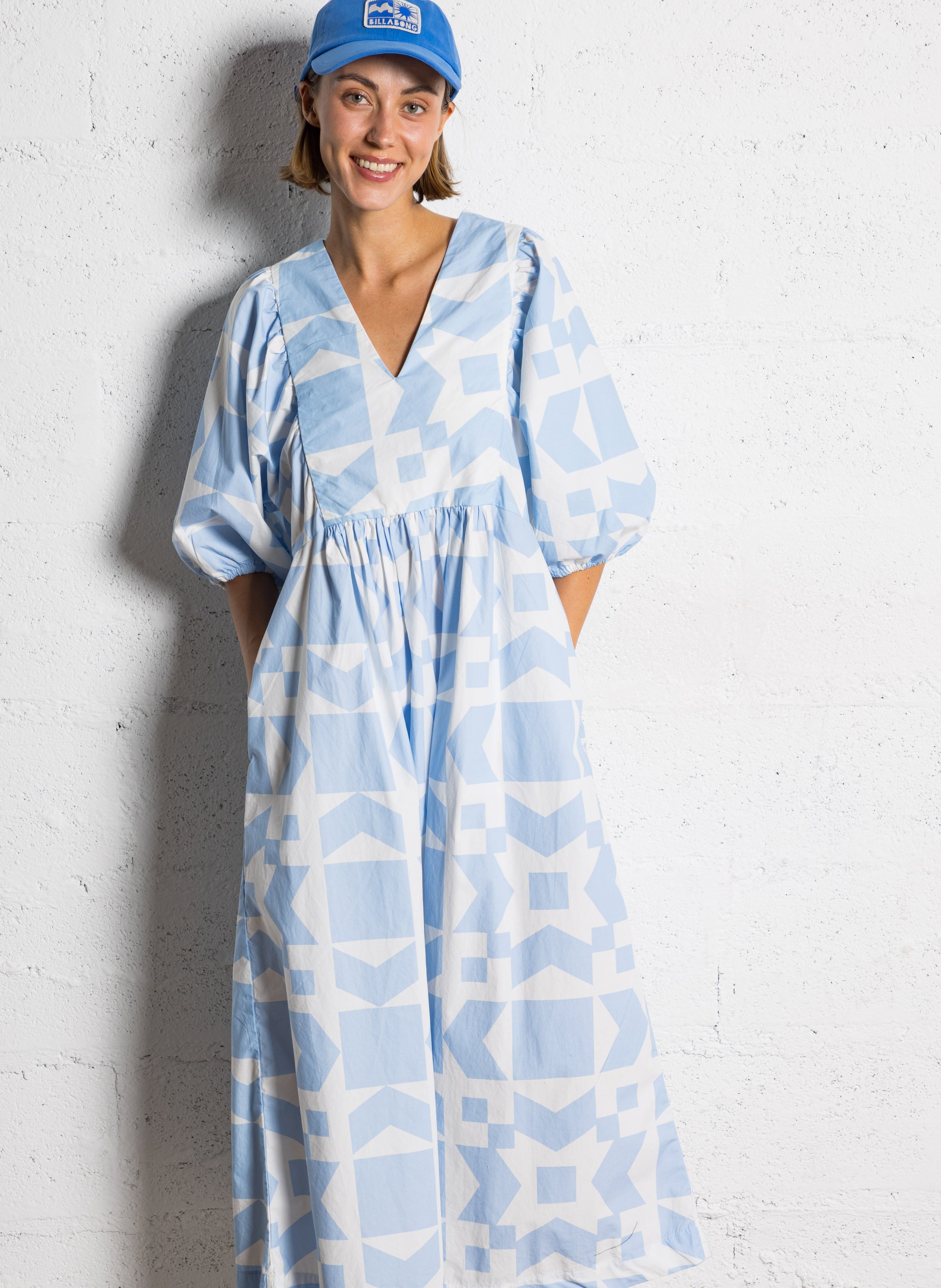 Langes Baumwollkleid mit Print THE TINY BIG SISTER Blau