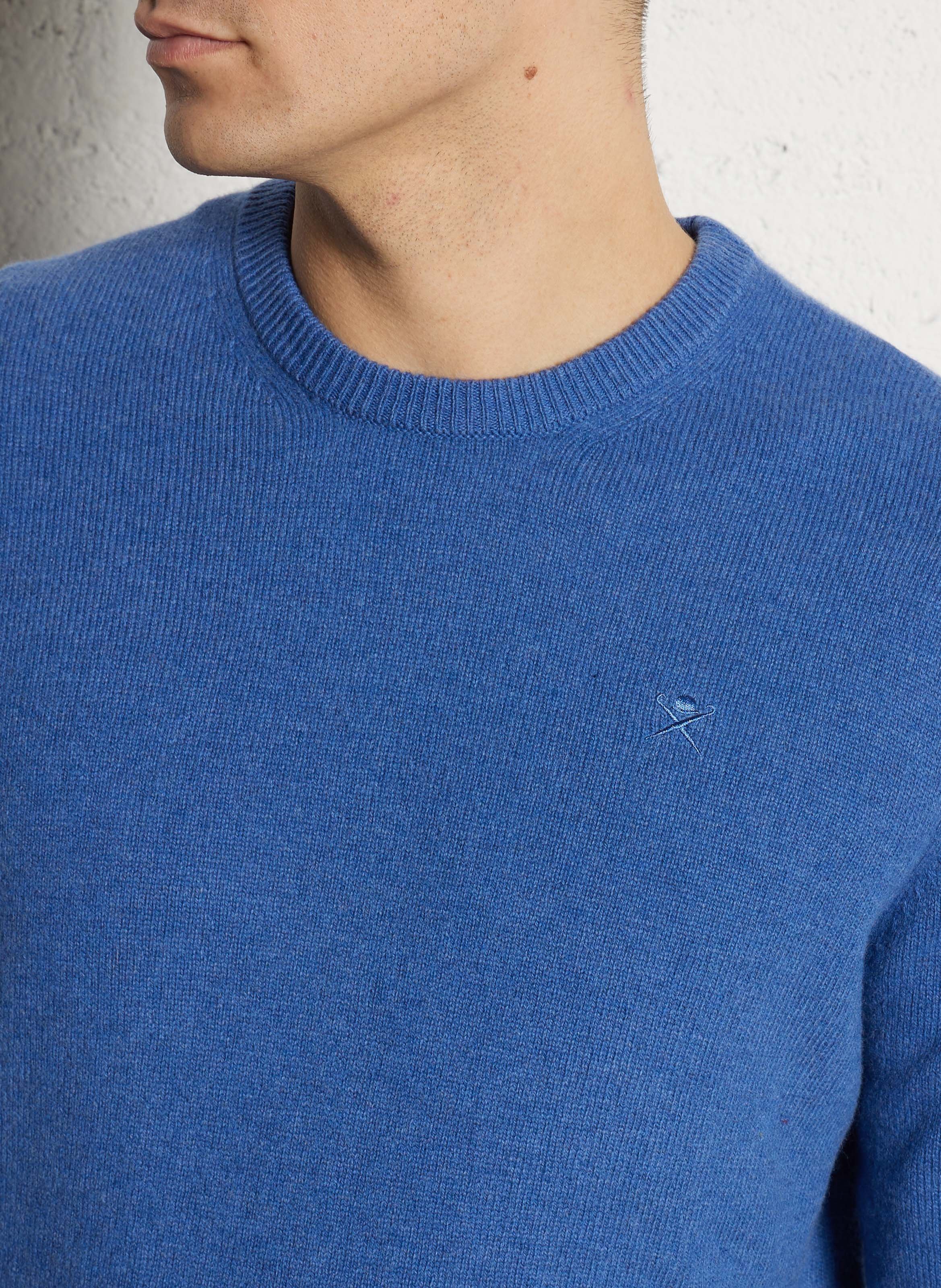 Pull col rond uni en laine HACKETT Bleu