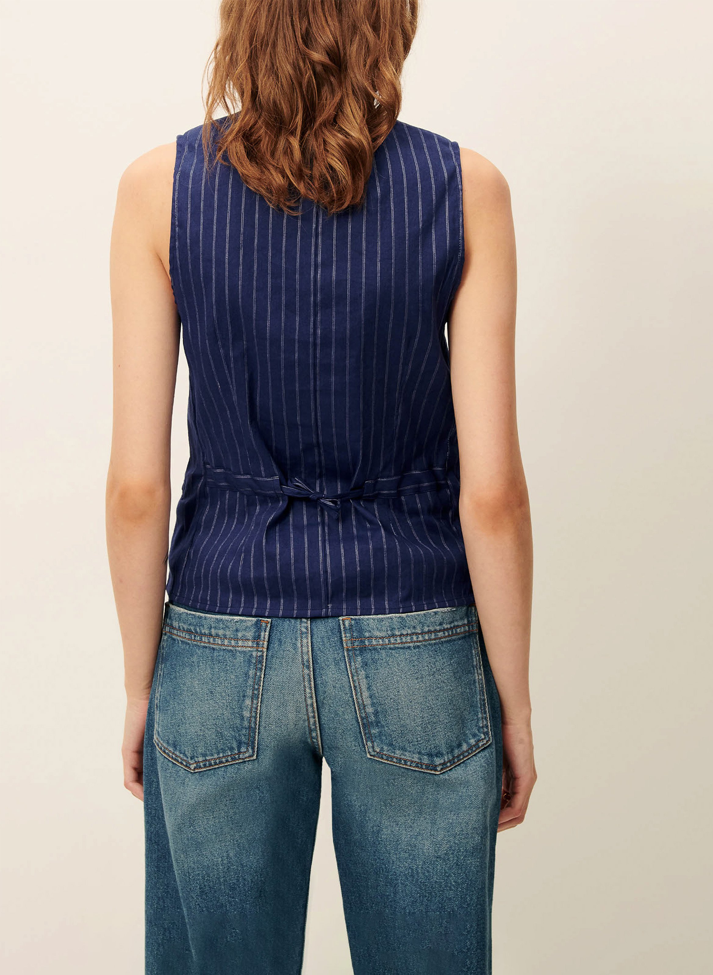Cotton and lurex V-neck linen top SESSUN Blue