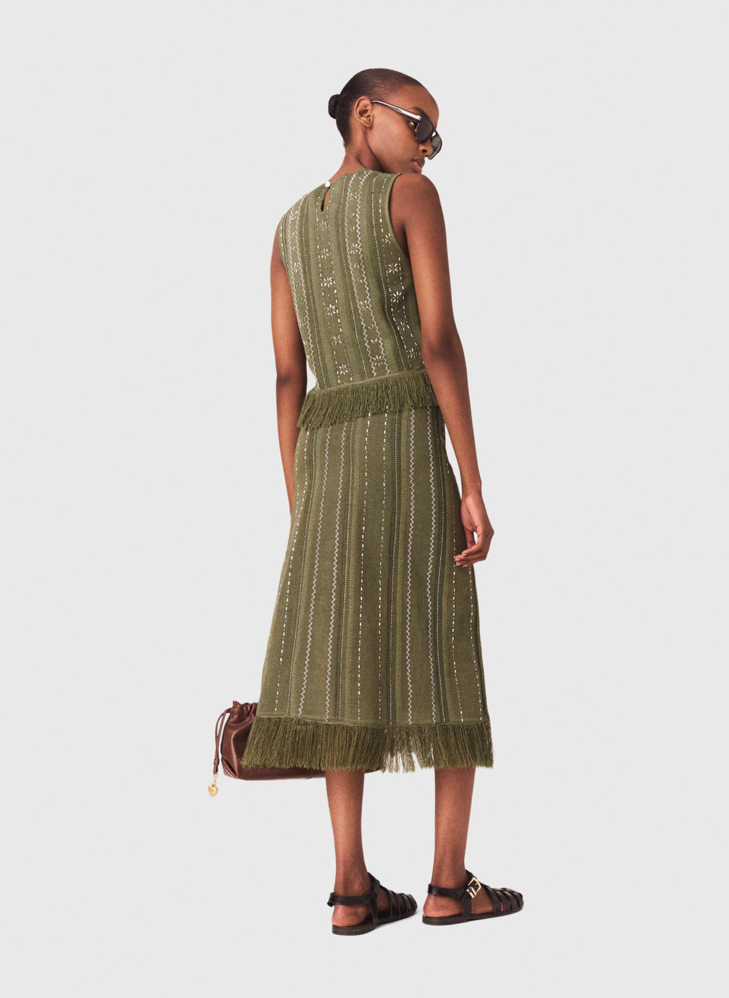 Rok van gebreide stof met strass bloemen MAJE Kaki